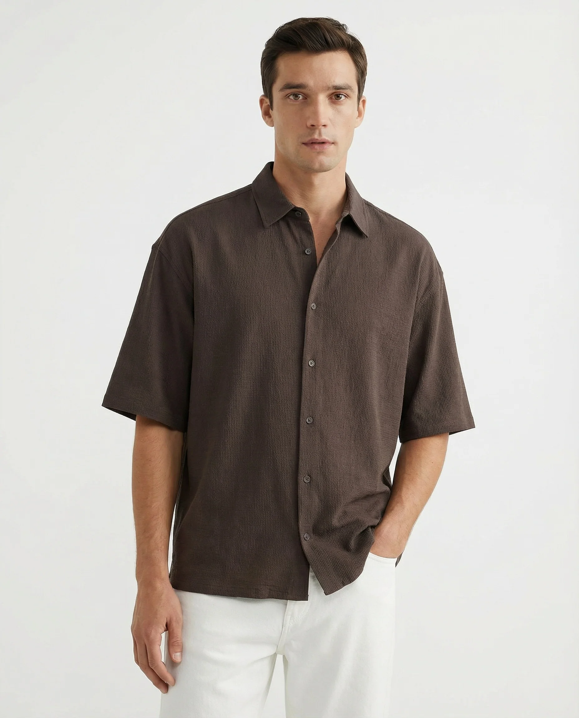 Camicia boxy fit in cotone jacquard - Moro - Image 3