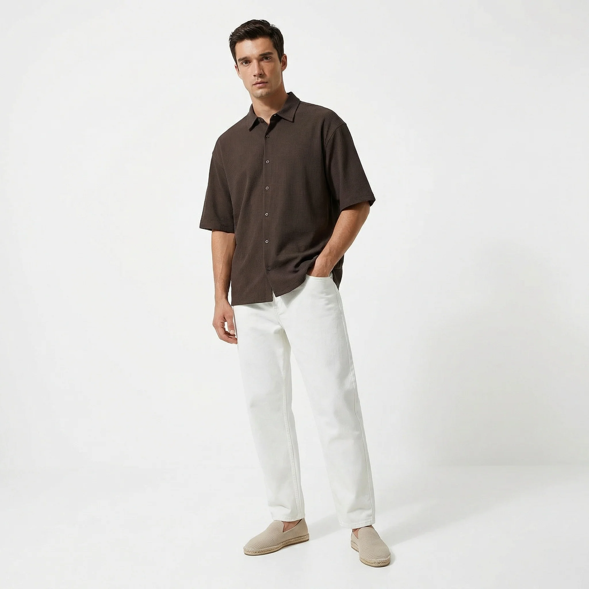 Camicia boxy fit in cotone jacquard - Moro - Image 4