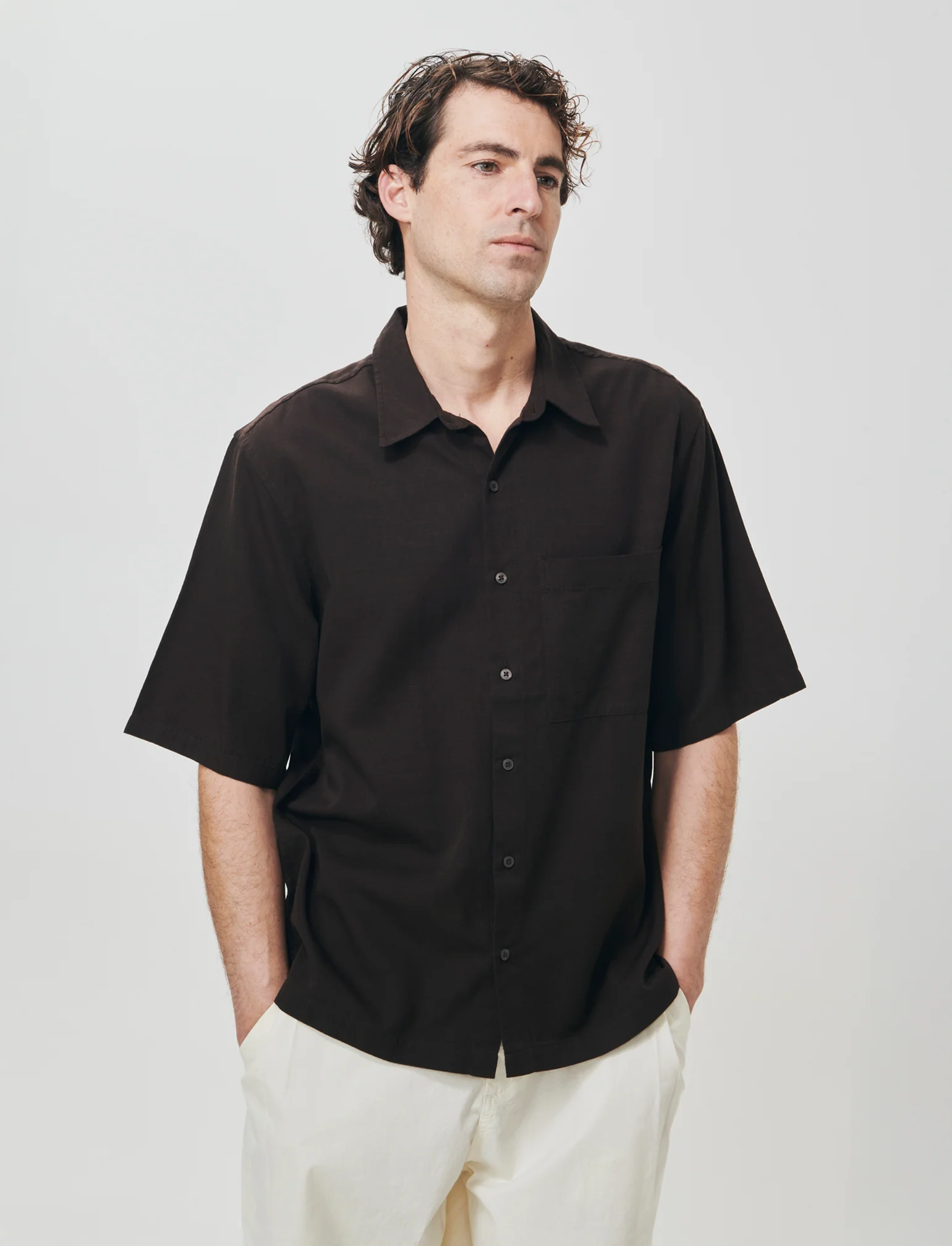 Camicia Boxy Fit in Cotone Slub - Moro - Image 3