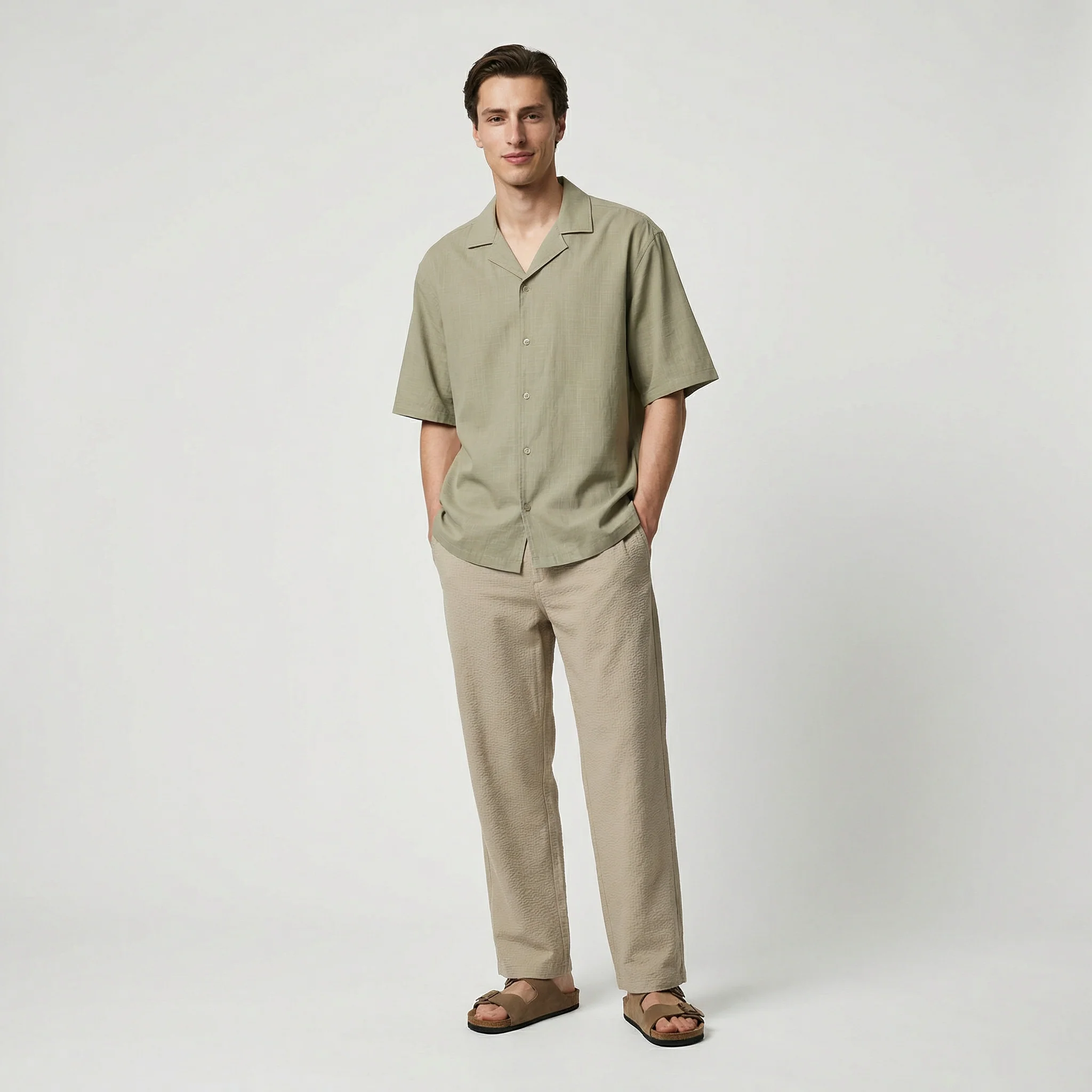 Camicia boxy fit in cotone slub - Verde kaki - Image 3