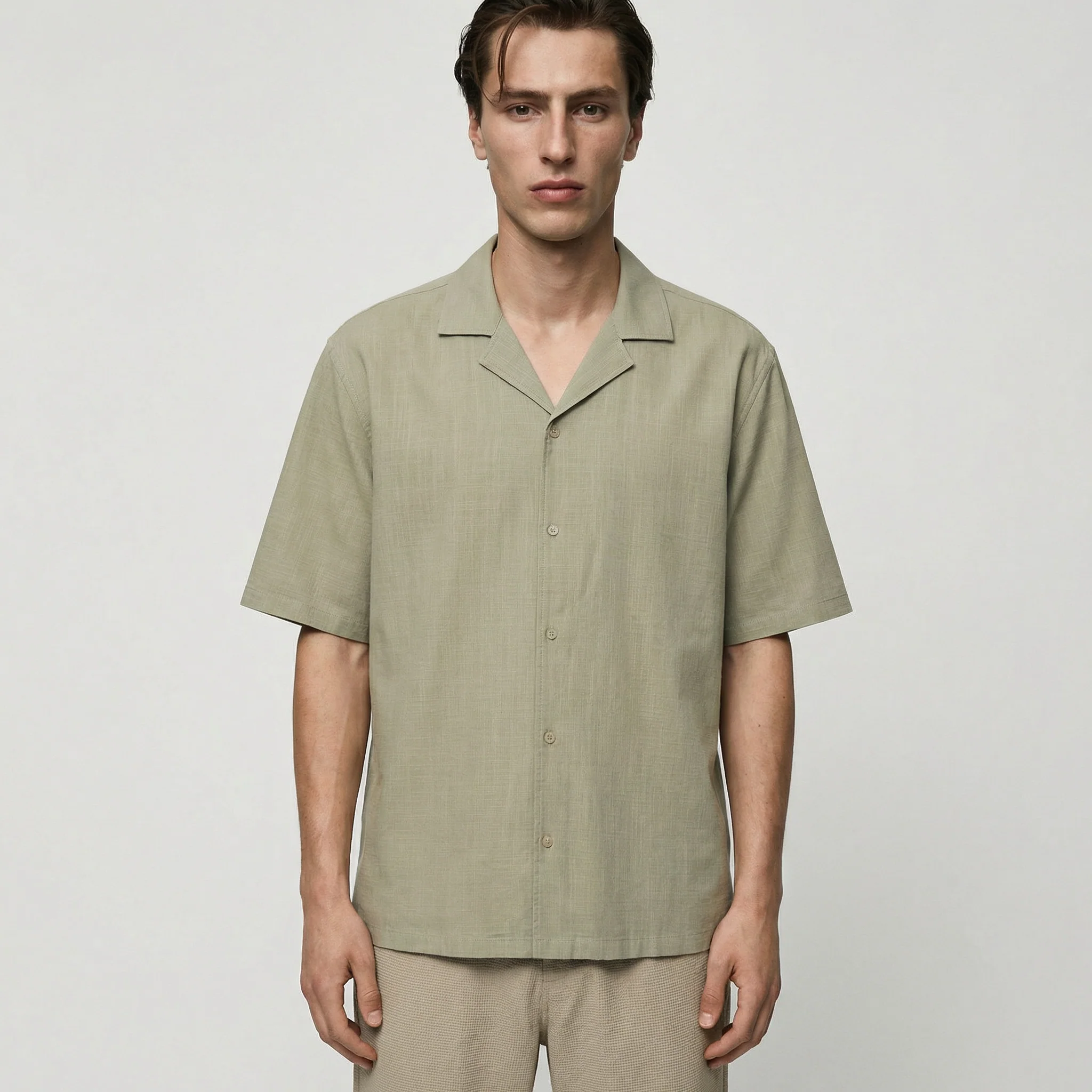 Camicia boxy fit in cotone slub - Verde kaki - Image 4