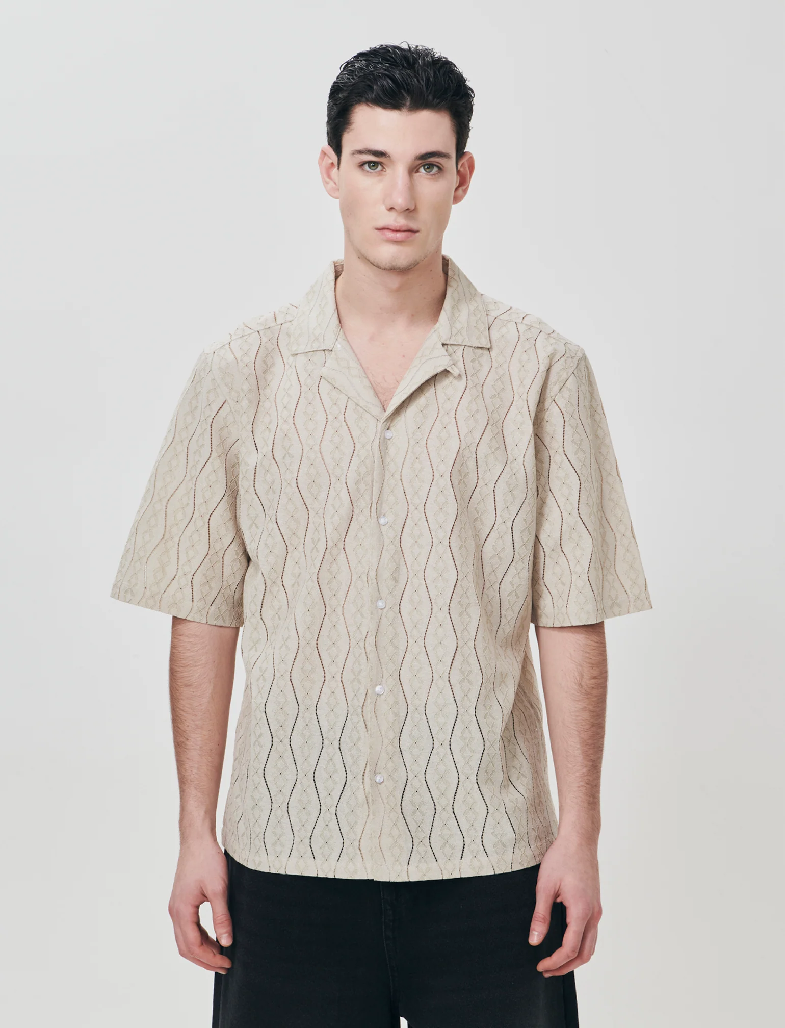 Camicia boxy fit in jacquard di cotone - Beige - Image 3