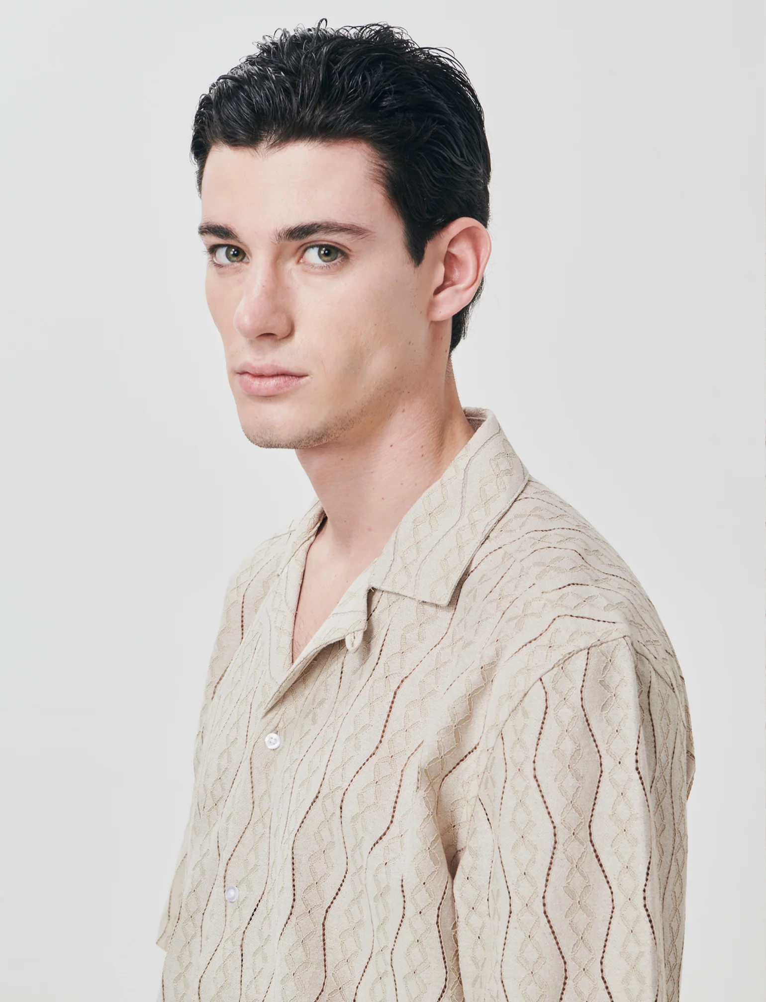 Camicia boxy fit in jacquard di cotone - Beige - Image 4