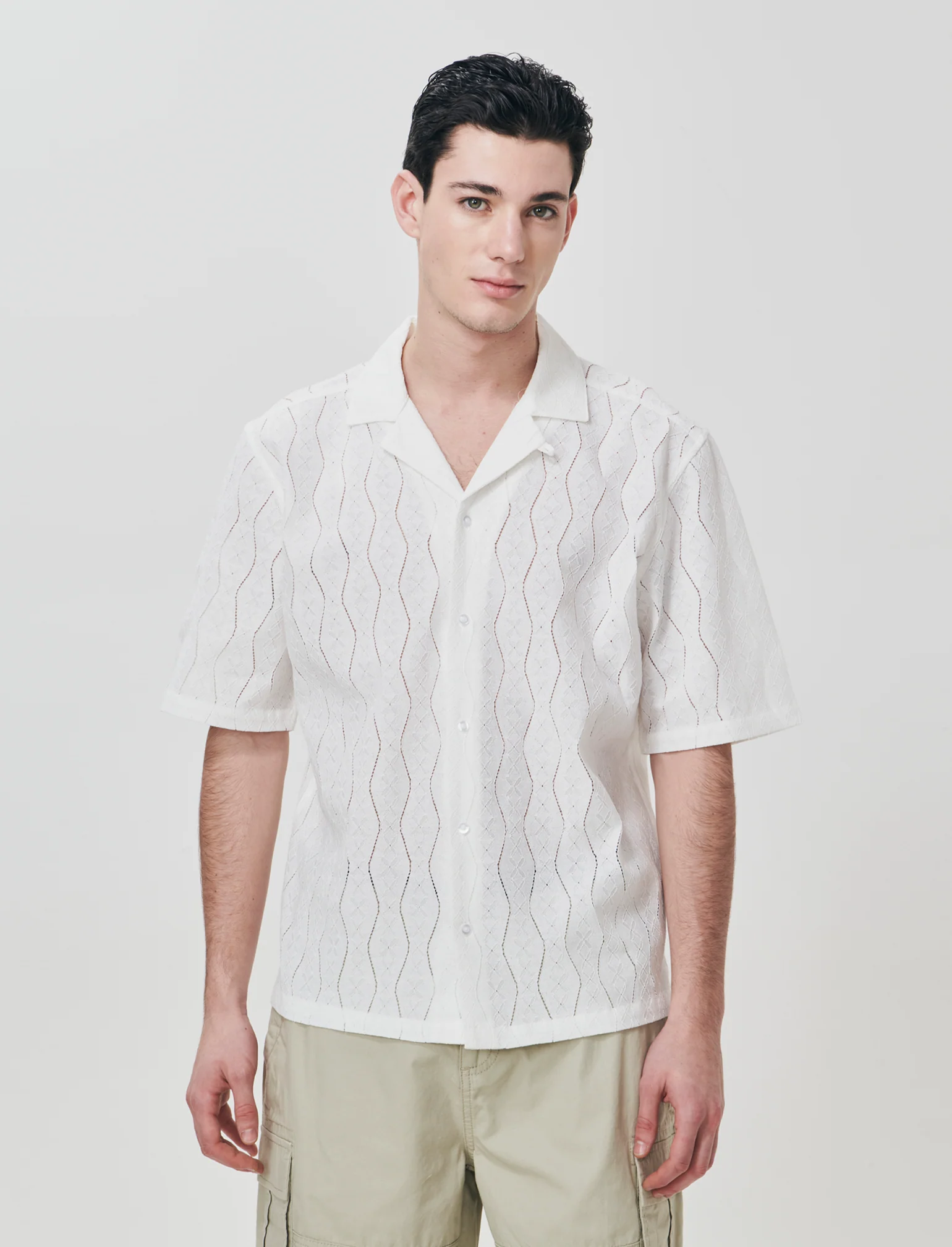 Camicia boxy fit in jacquard di cotone - Bianco - Image 3