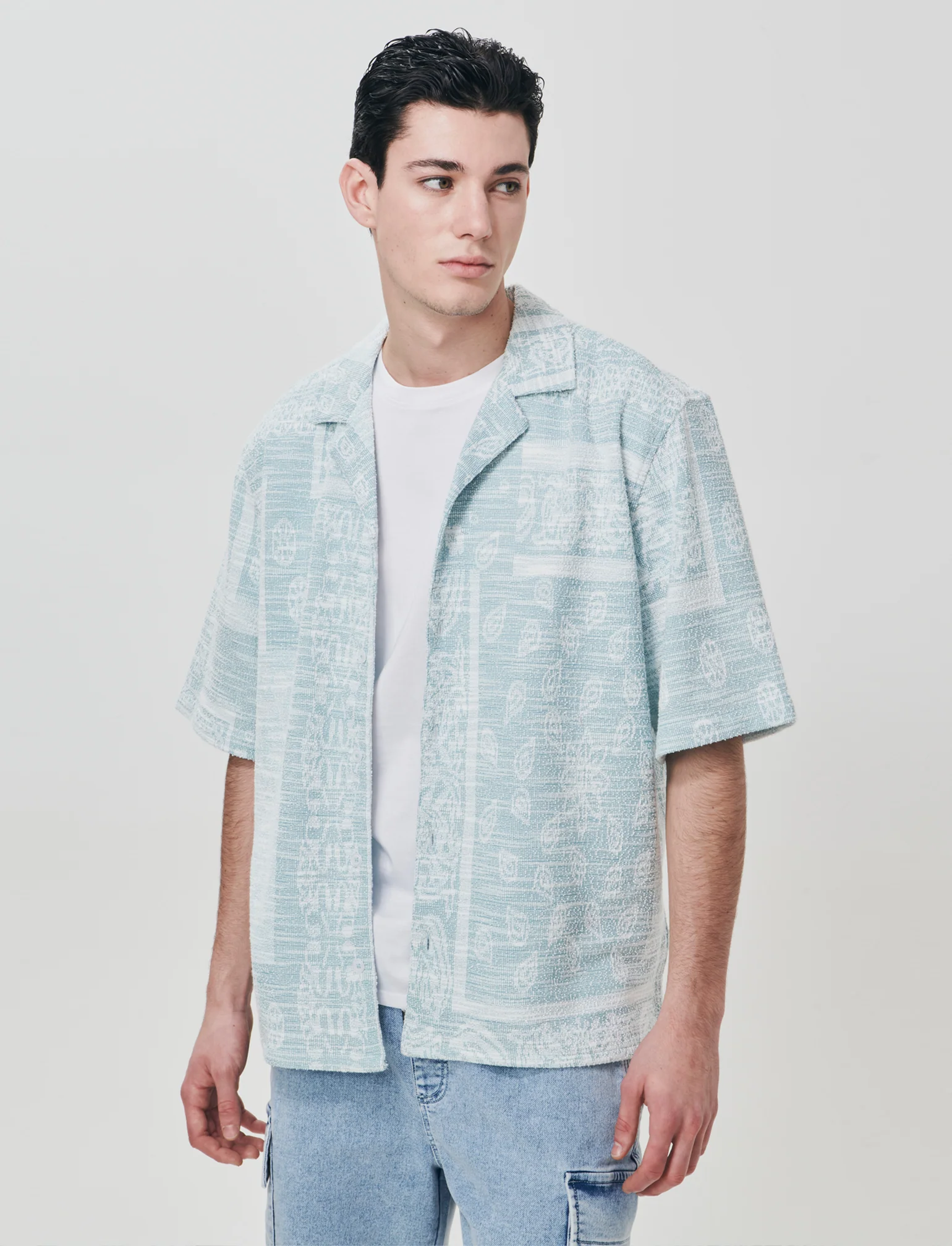 Camicia Boxy Fit in Misto Cotone Fantasia - Verde - Image 3
