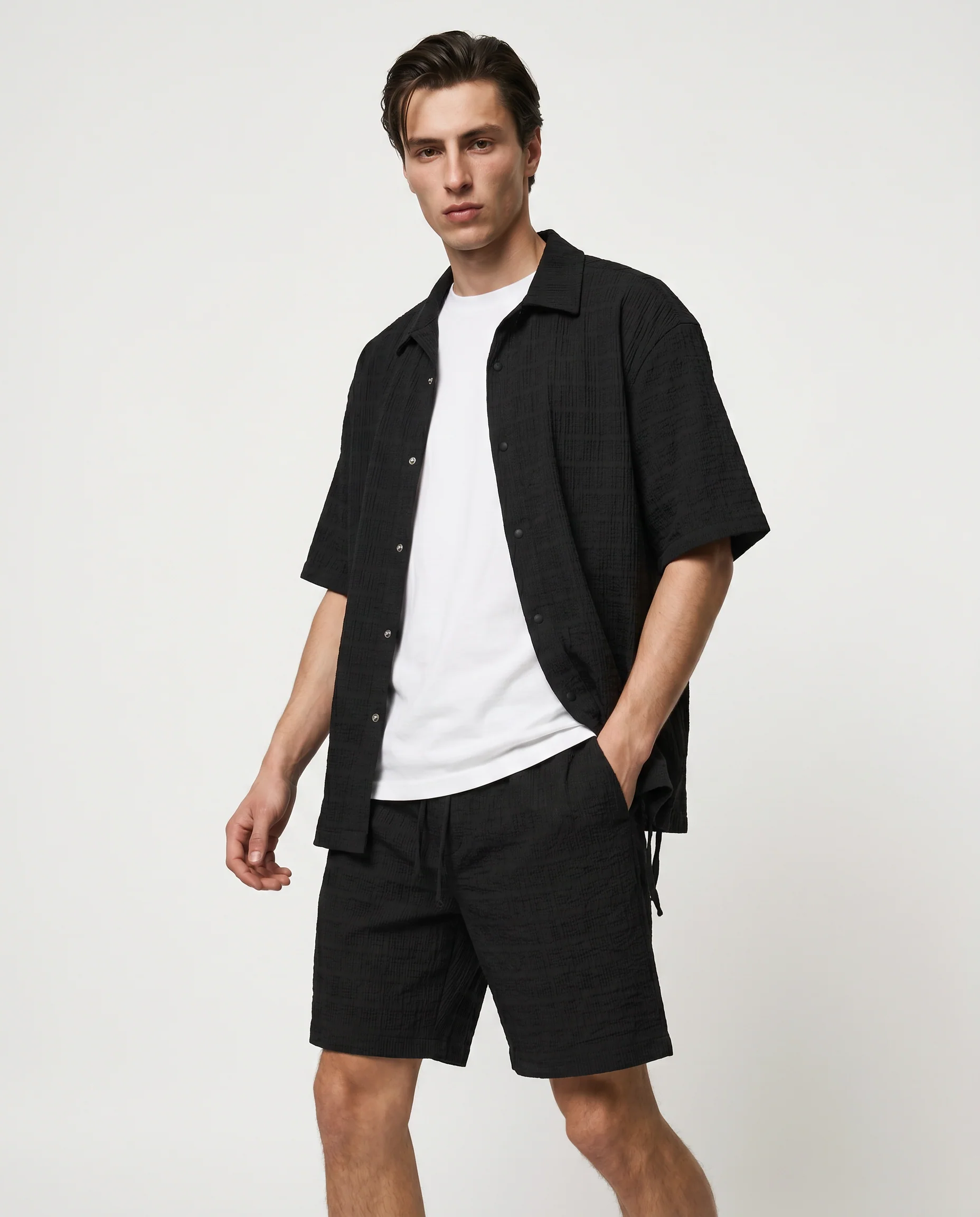 Camicia boxy fit in seer sucker con lacci - Nero