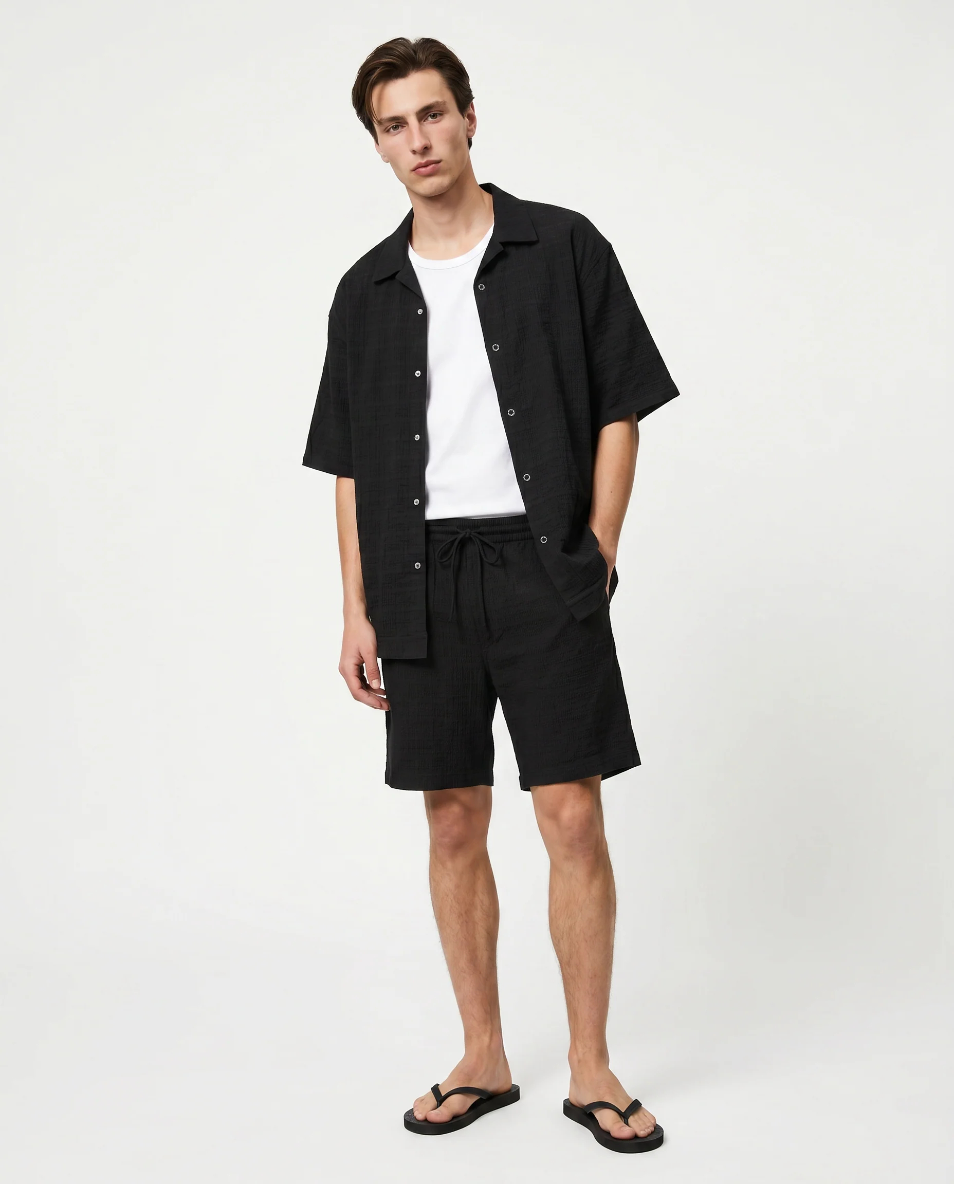 Camicia boxy fit in seer sucker con lacci - Nero - Image 2