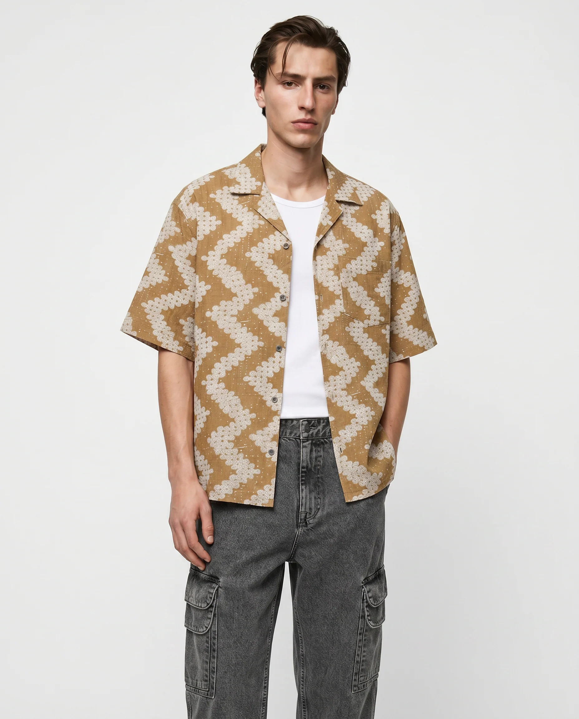 Camicia boxy fit in tessuto goffrato - Cammello - Image 3