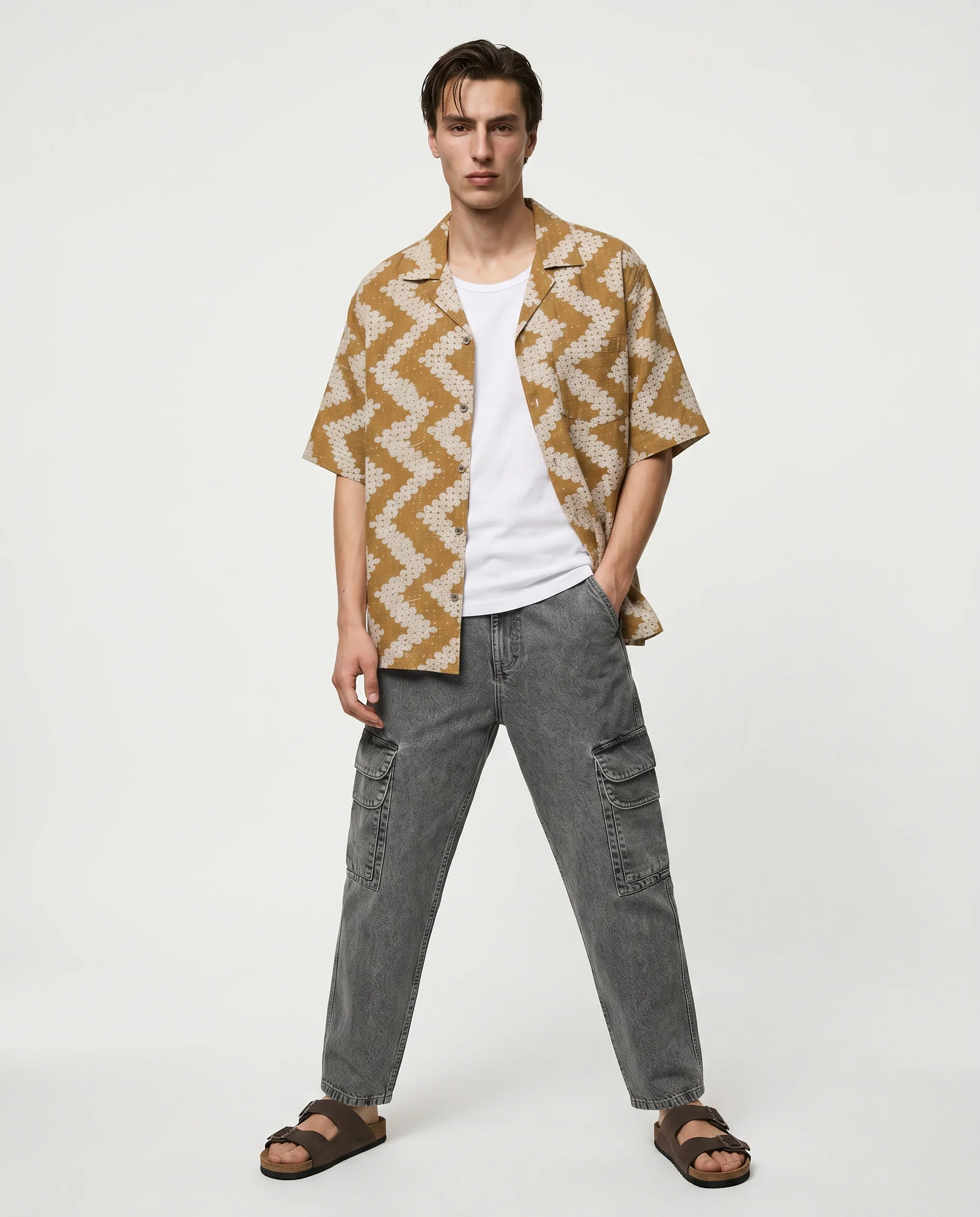 Camicia boxy fit in tessuto goffrato - Cammello - Image 4