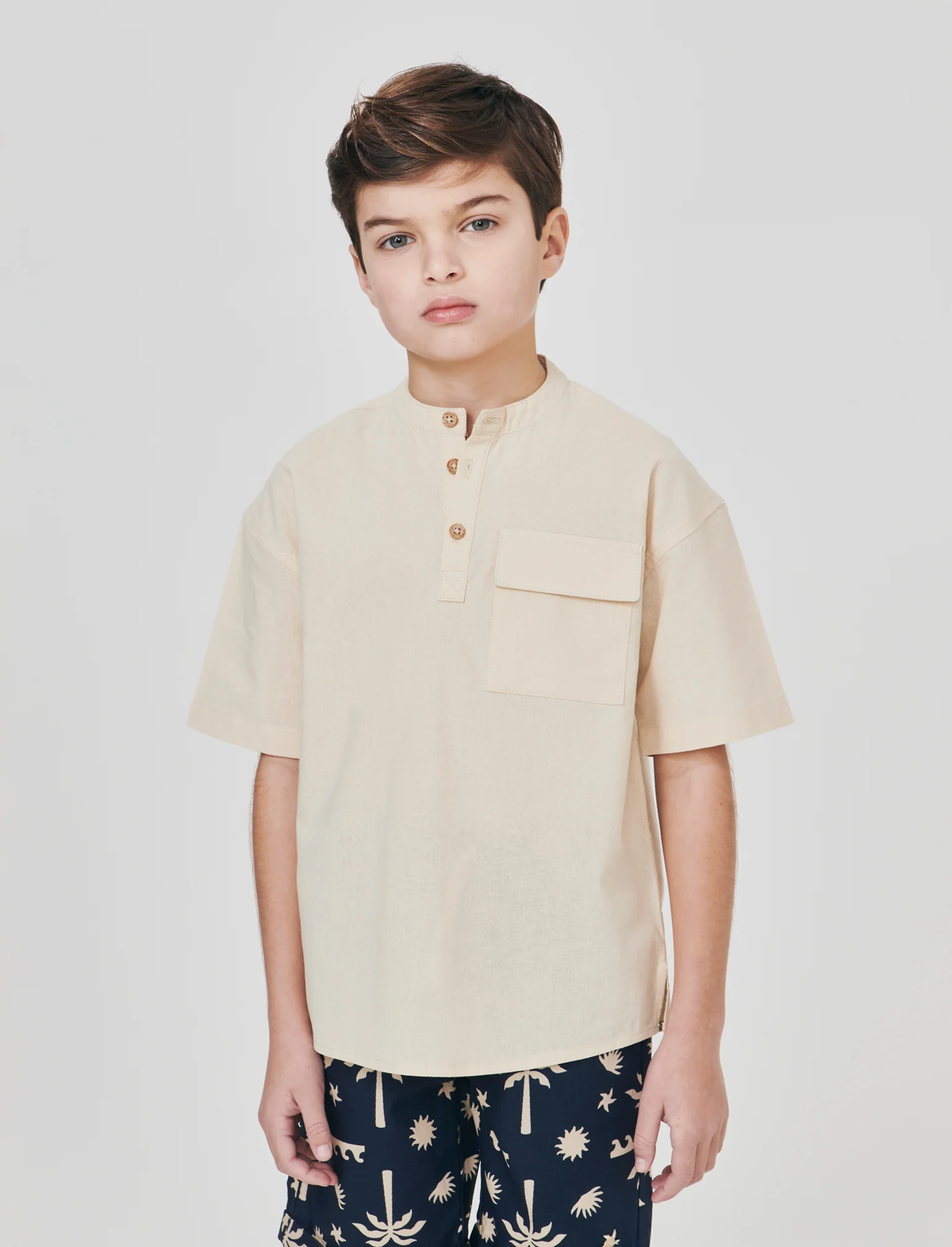 Camicia collo coreana in misto lino - Sabbia - Image 4
