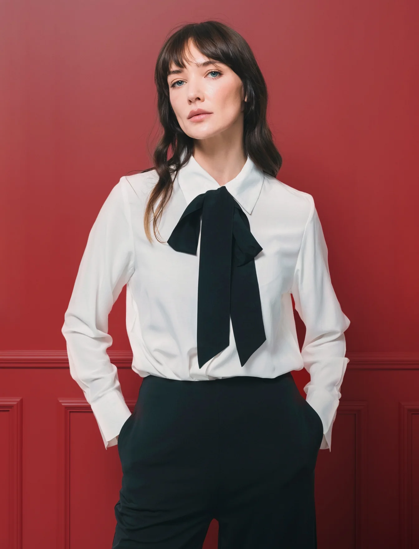 Camicia con fusciacca al collo e maniche lunghe - Bianco - Image 3