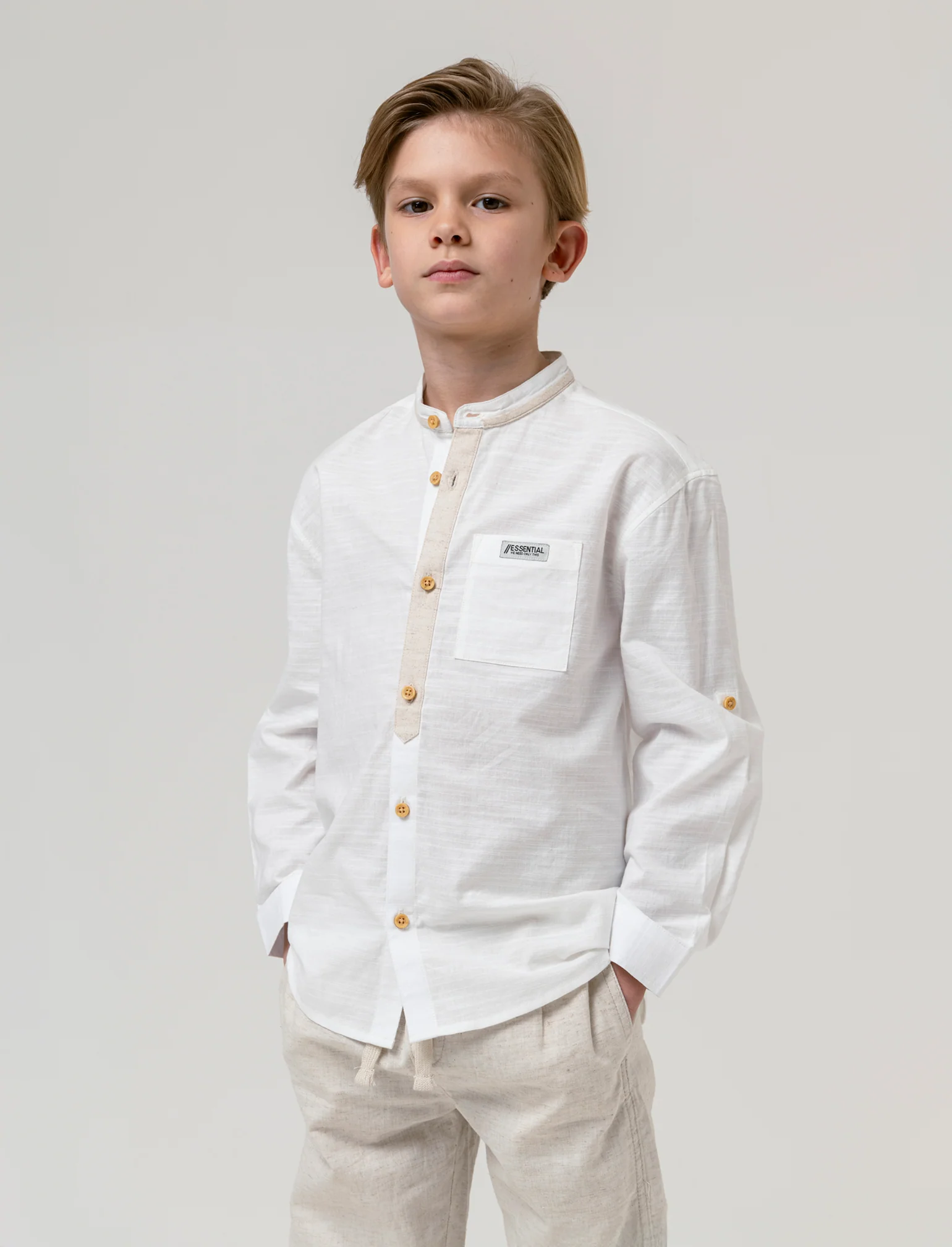 Camicia con profili in misto lino da bambino - Bianco latte
