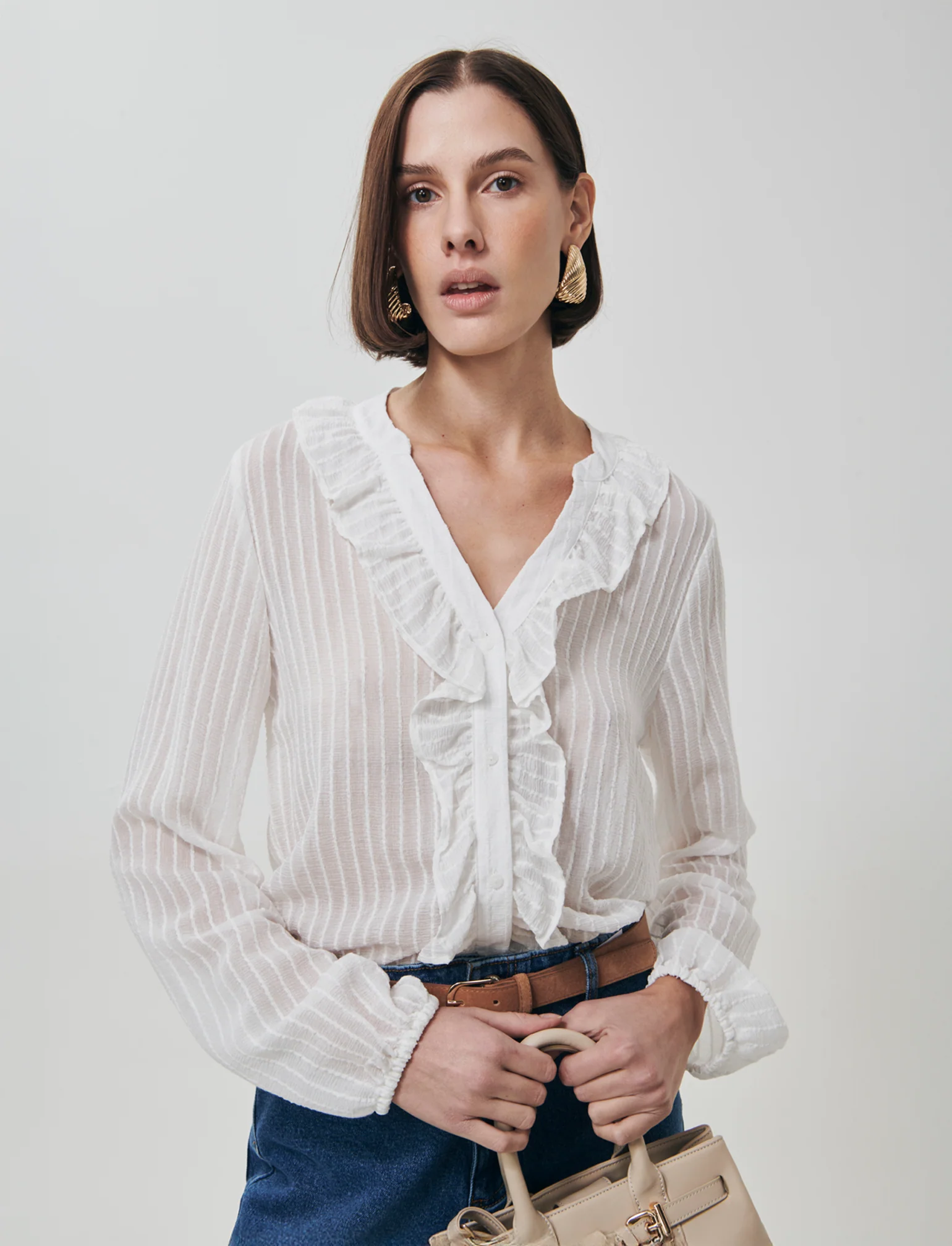 Camicia con Rouches e Collo Coreano - Avorio - Image 2
