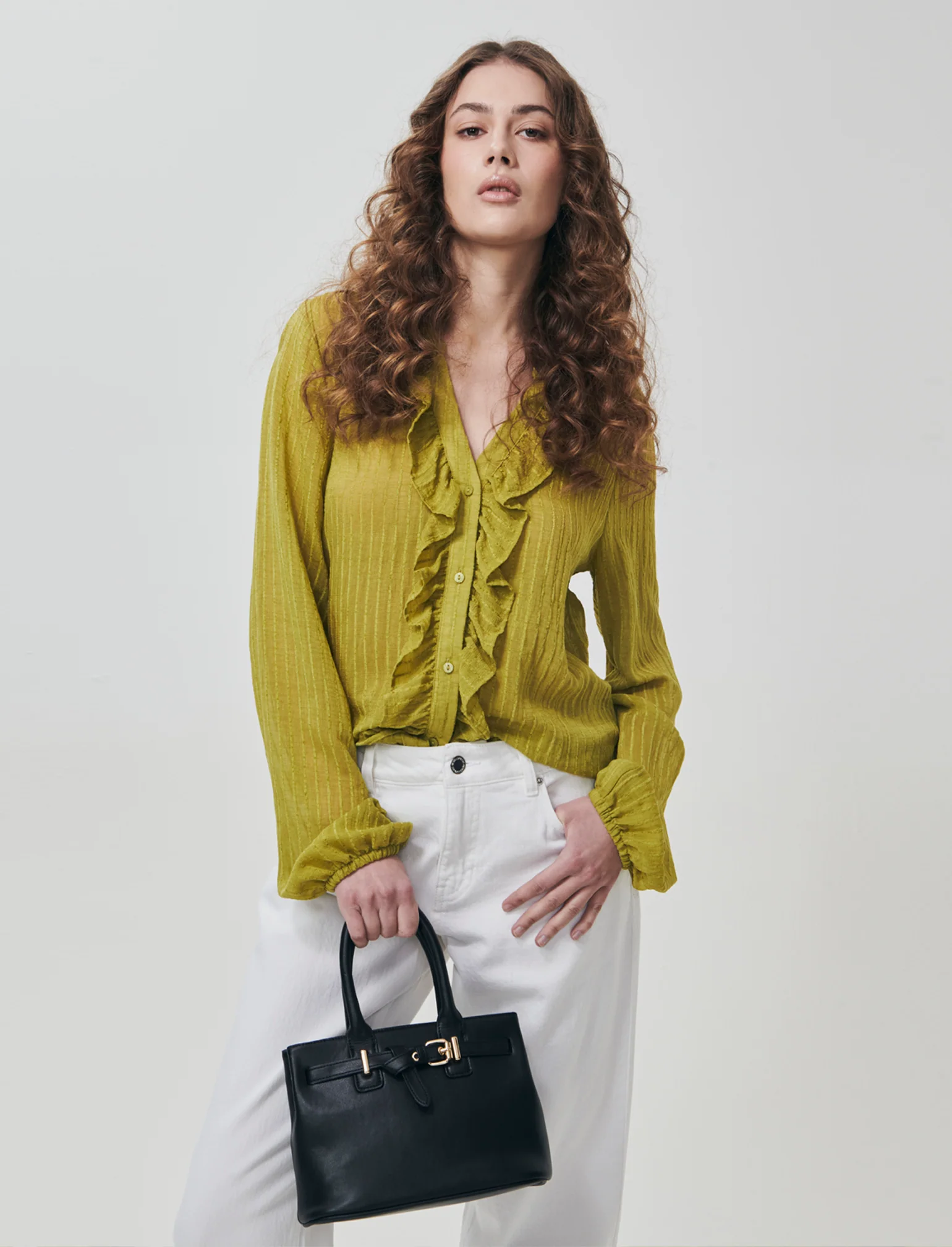 Camicia con Rouches e Collo Coreano - Verde pistacchio - Image 3