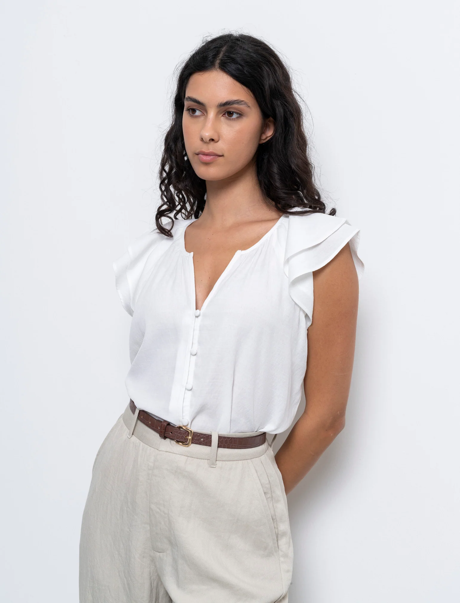 Camicia con volant da donna - Bianco latte