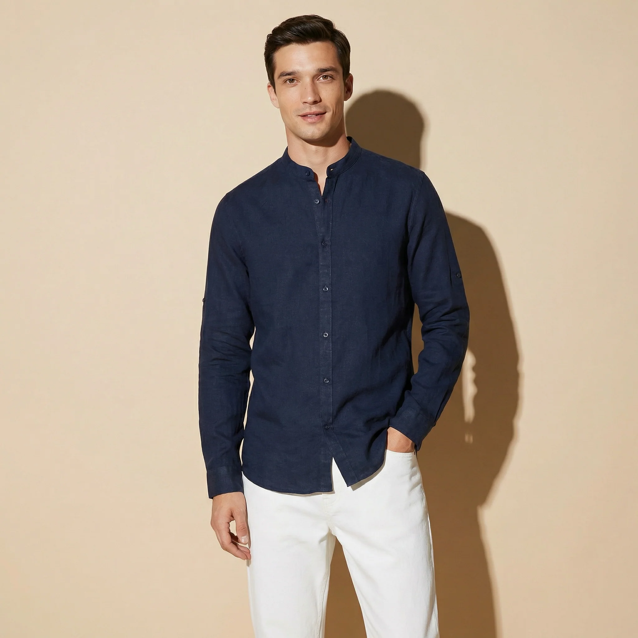 Camicia coreana 100% lino da uomo - Blu - Image 3