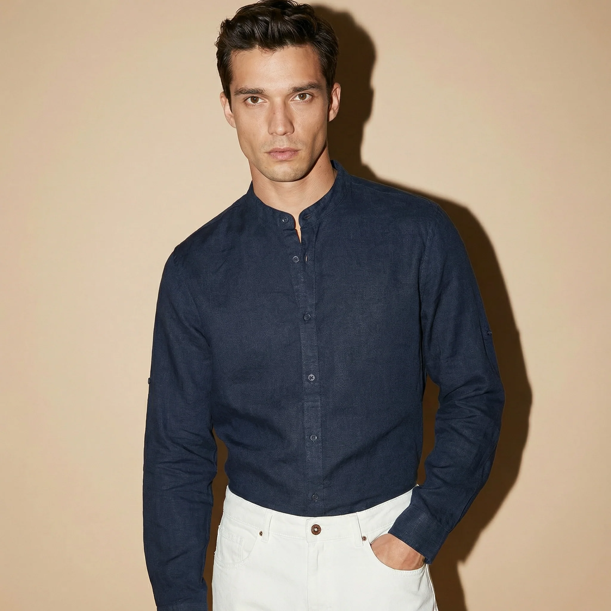 Camicia coreana 100% lino da uomo - Blu - Image 4