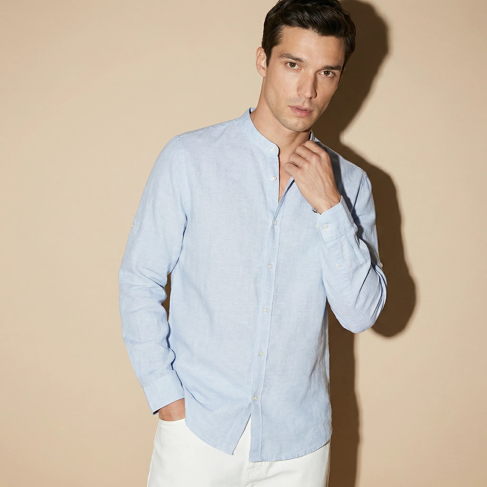 Camicia coreana 100% lino da uomo - Celeste polvere - Image 3
