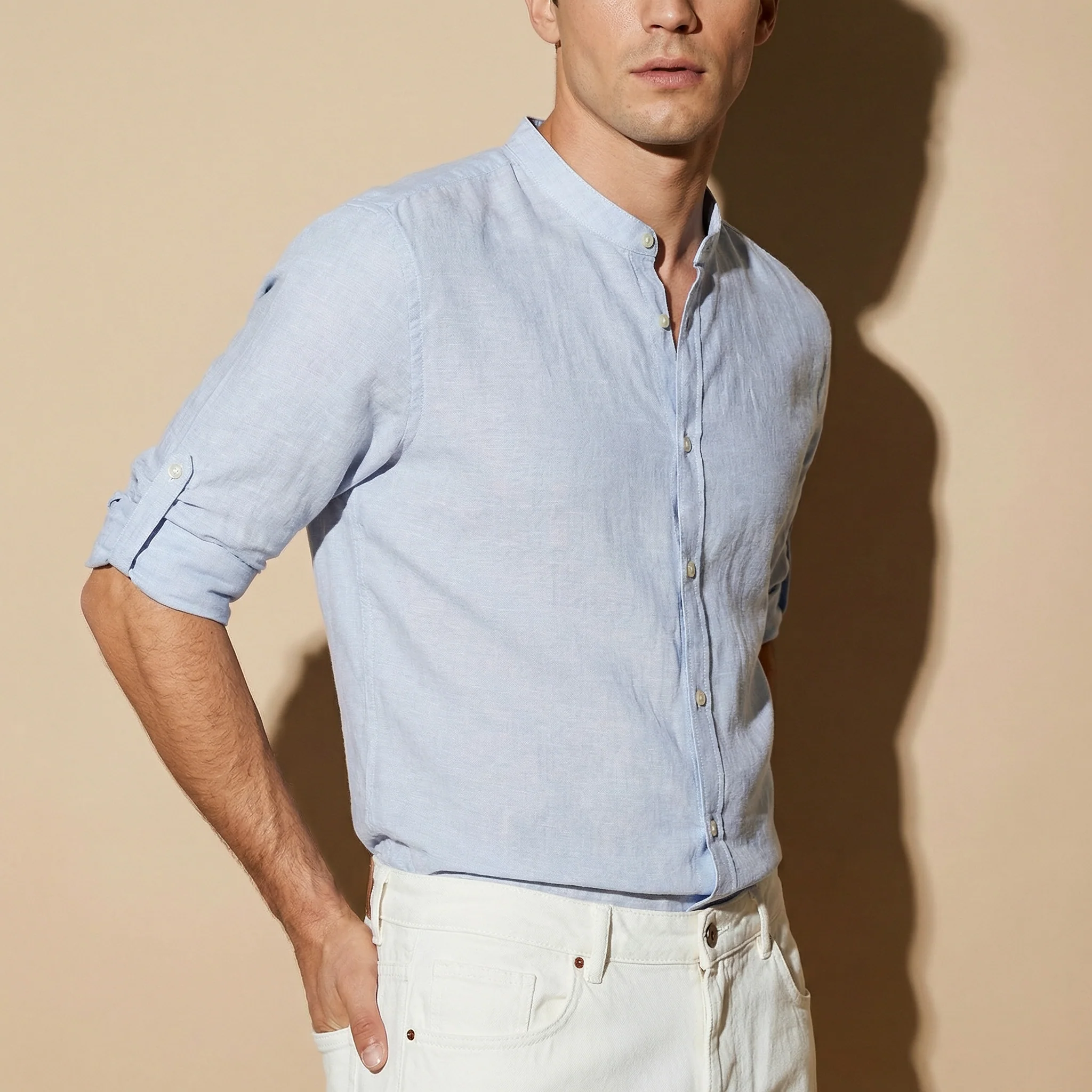 Camicia coreana 100% lino da uomo - Celeste polvere - Image 4