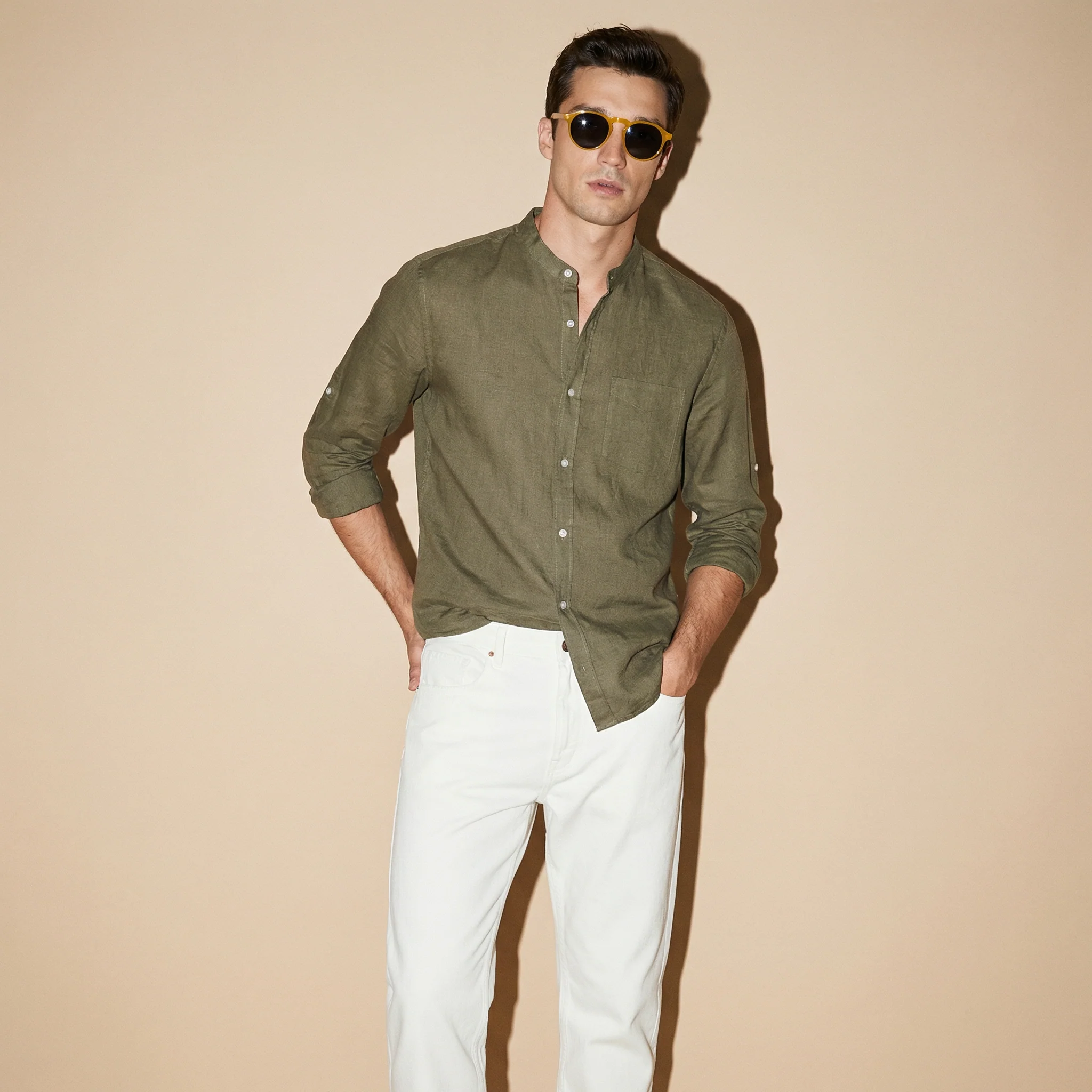 Camicia coreana 100% lino da uomo - Verde kaki - Image 3