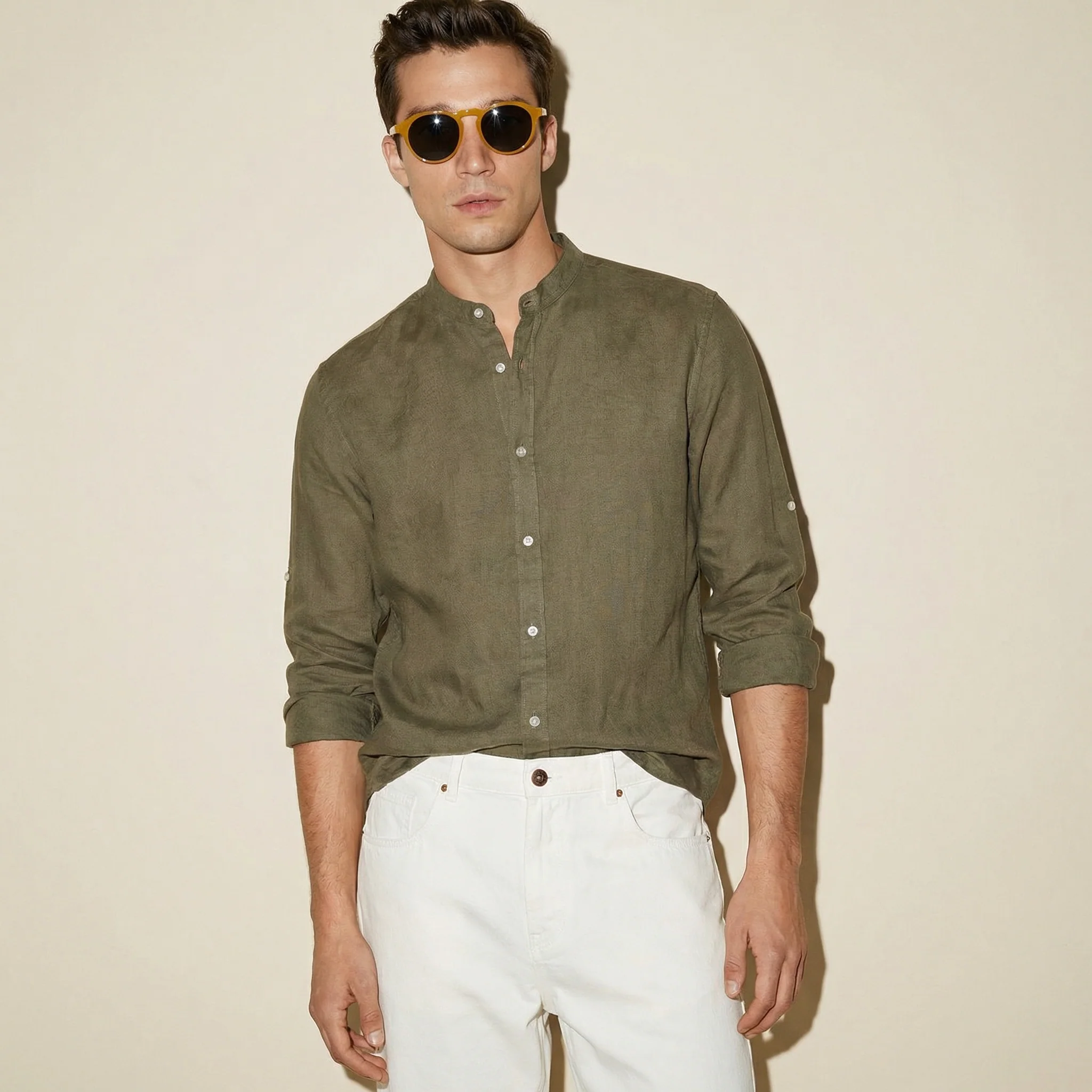 Camicia coreana 100% lino da uomo - Verde kaki - Image 4