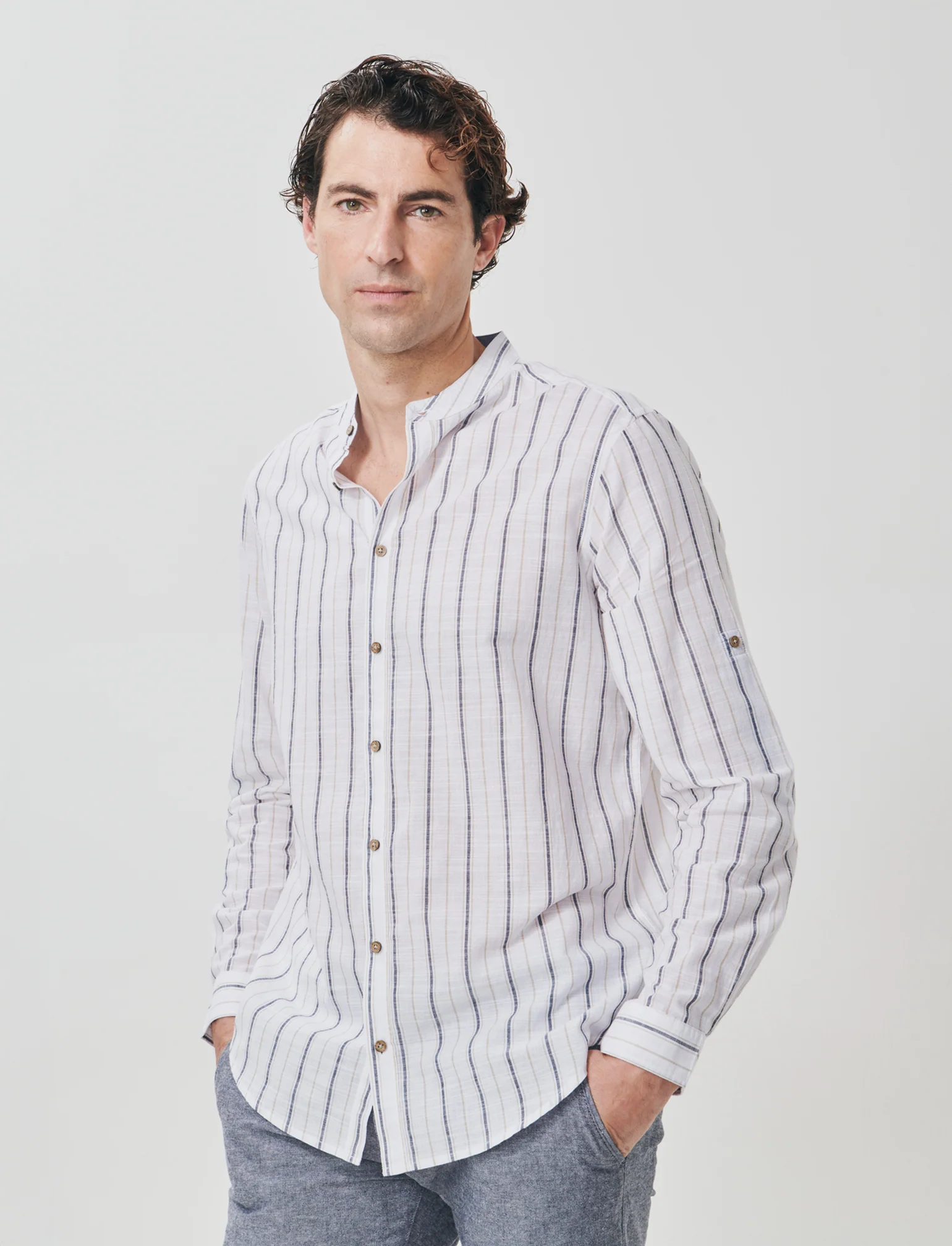 Camicia coreana a righe con denim - Bianco - Image 4
