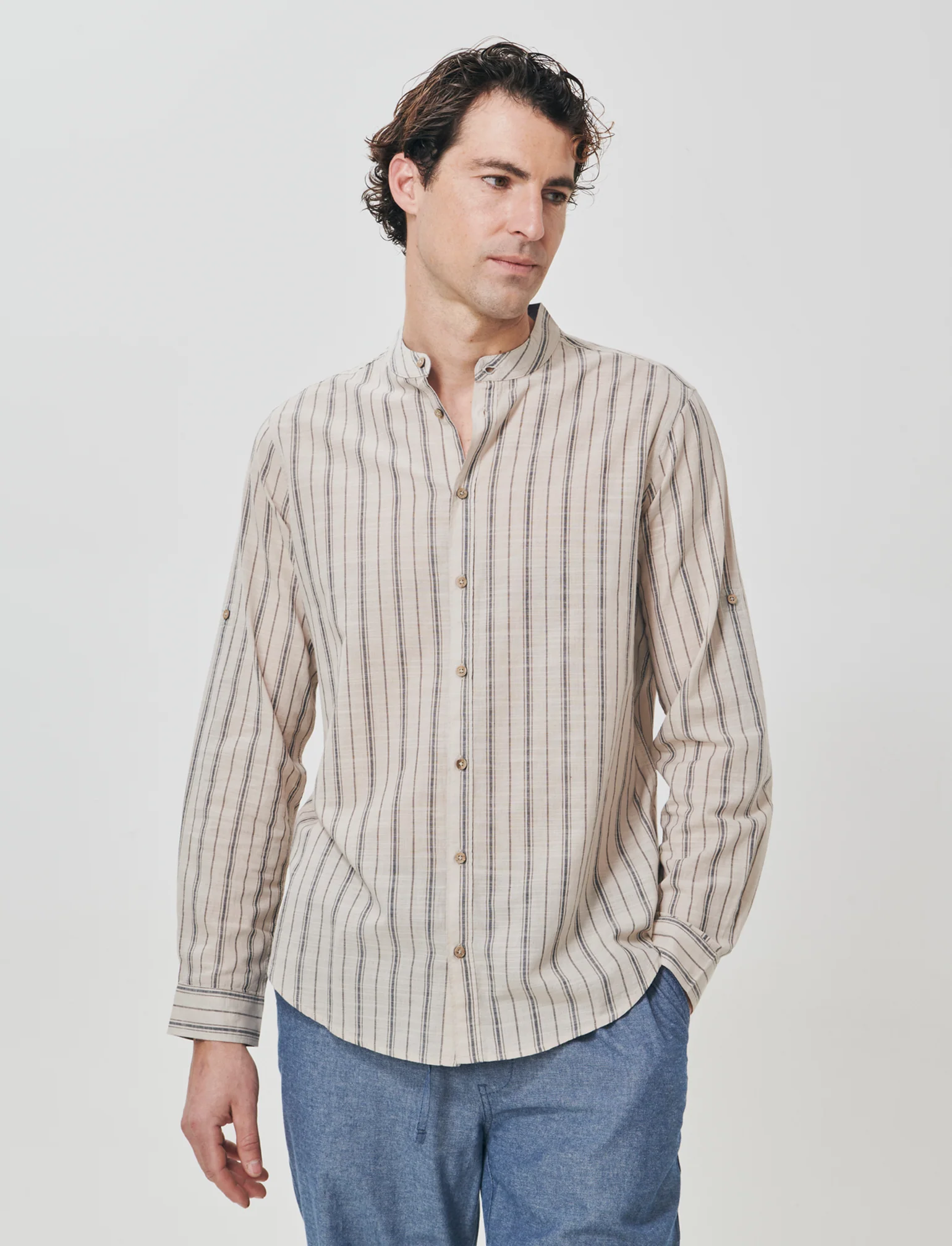 Camicia coreana a righe con denim - Sabbia - Image 3