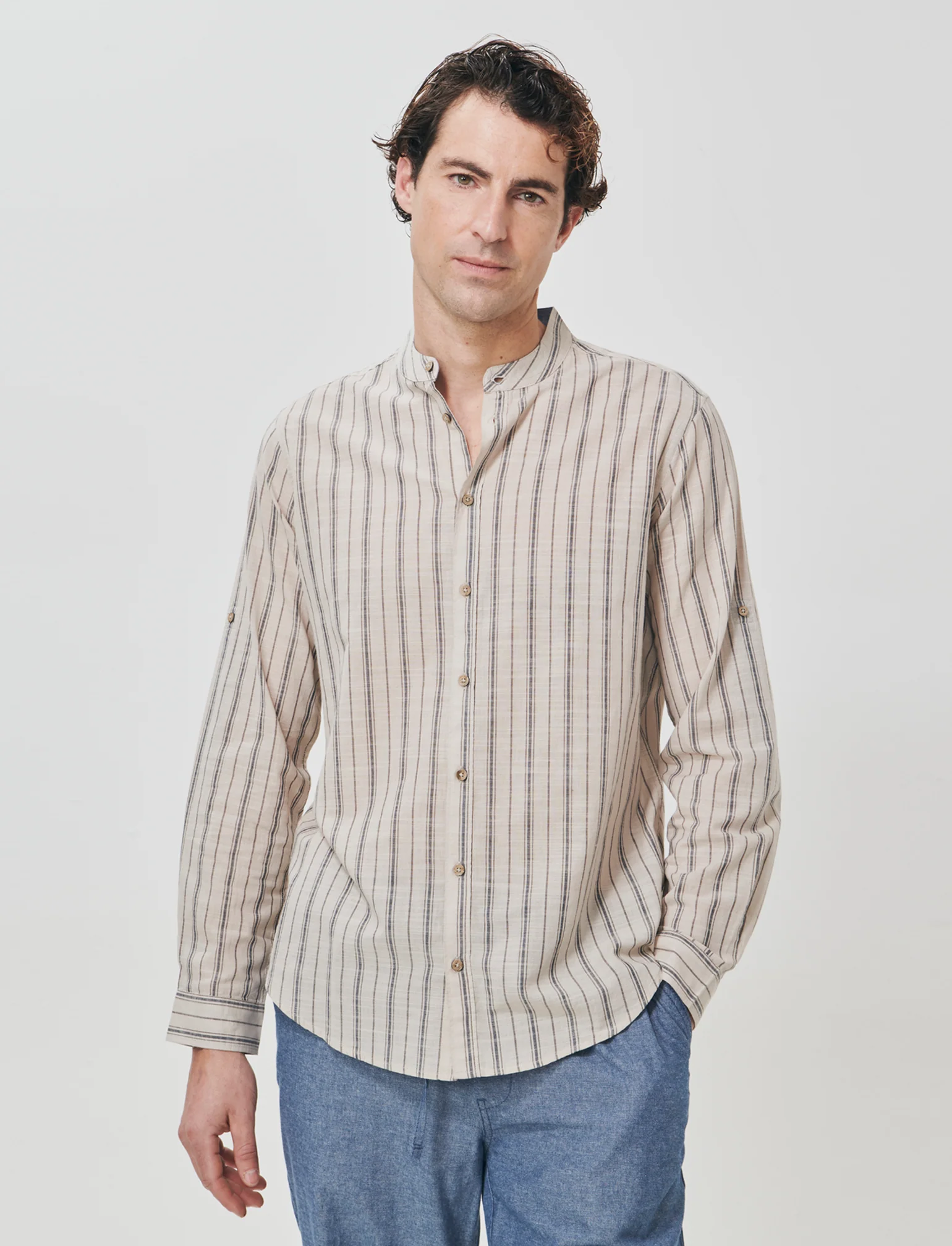 Camicia coreana a righe con denim - Sabbia - Image 4