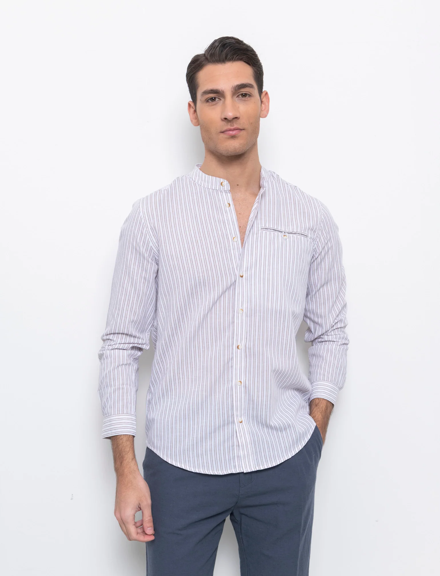 Camicia coreana a righe da uomo - Bianco - Image 3