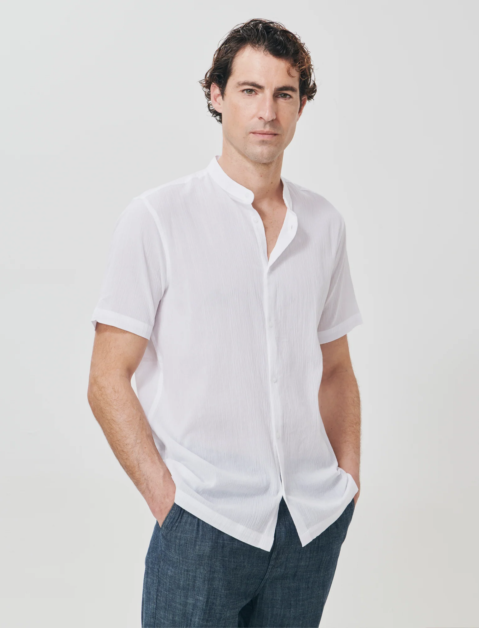 Camicia coreana effetto crepe cotone - Bianco - Image 3