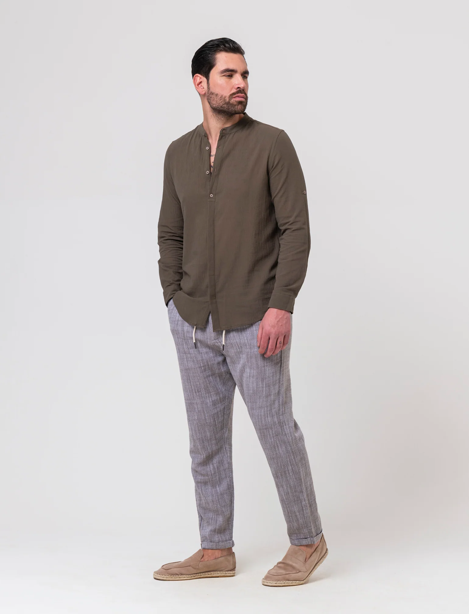Camicia coreana effetto crepe da uomo - Verde kaki - Image 3