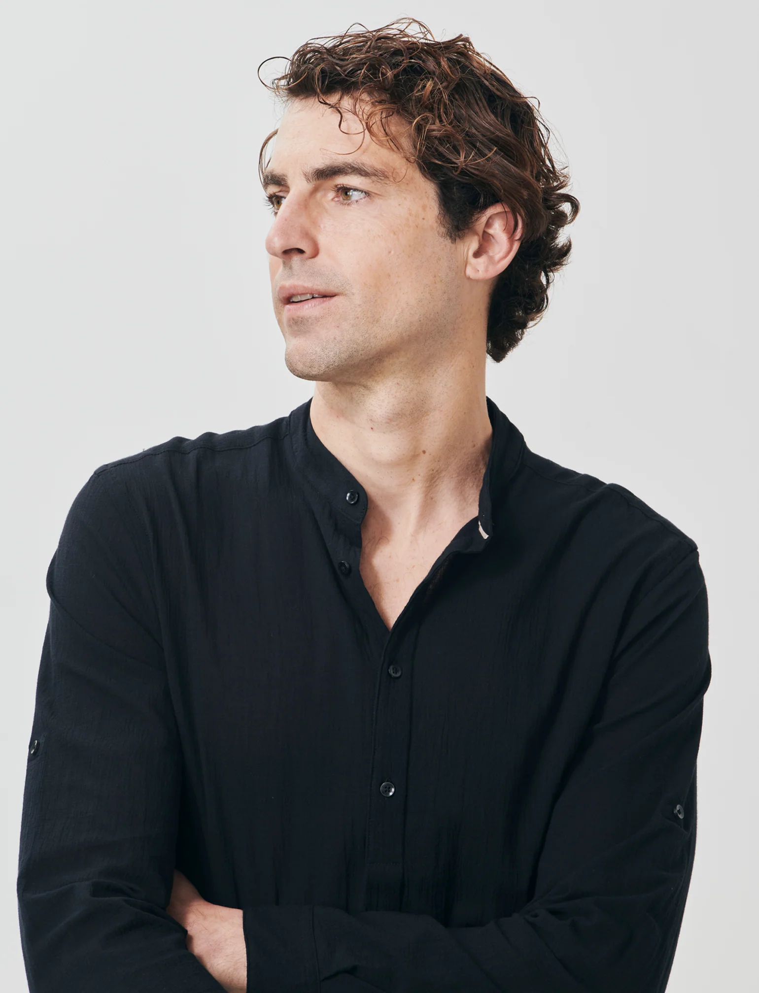 Camicia coreana effetto crepe in cotone - Nero - Image 3