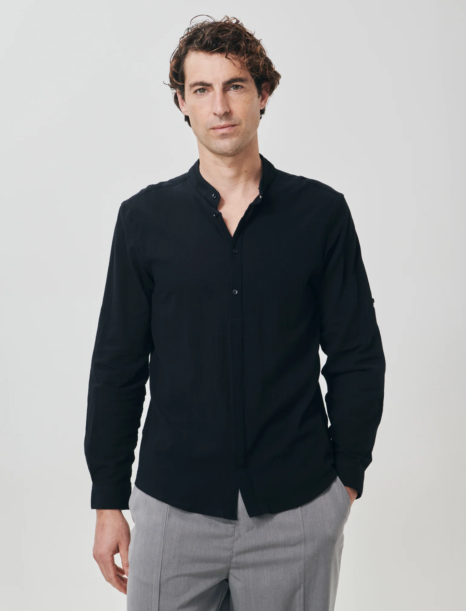 Camicia coreana effetto crepe in cotone - Nero - Image 4