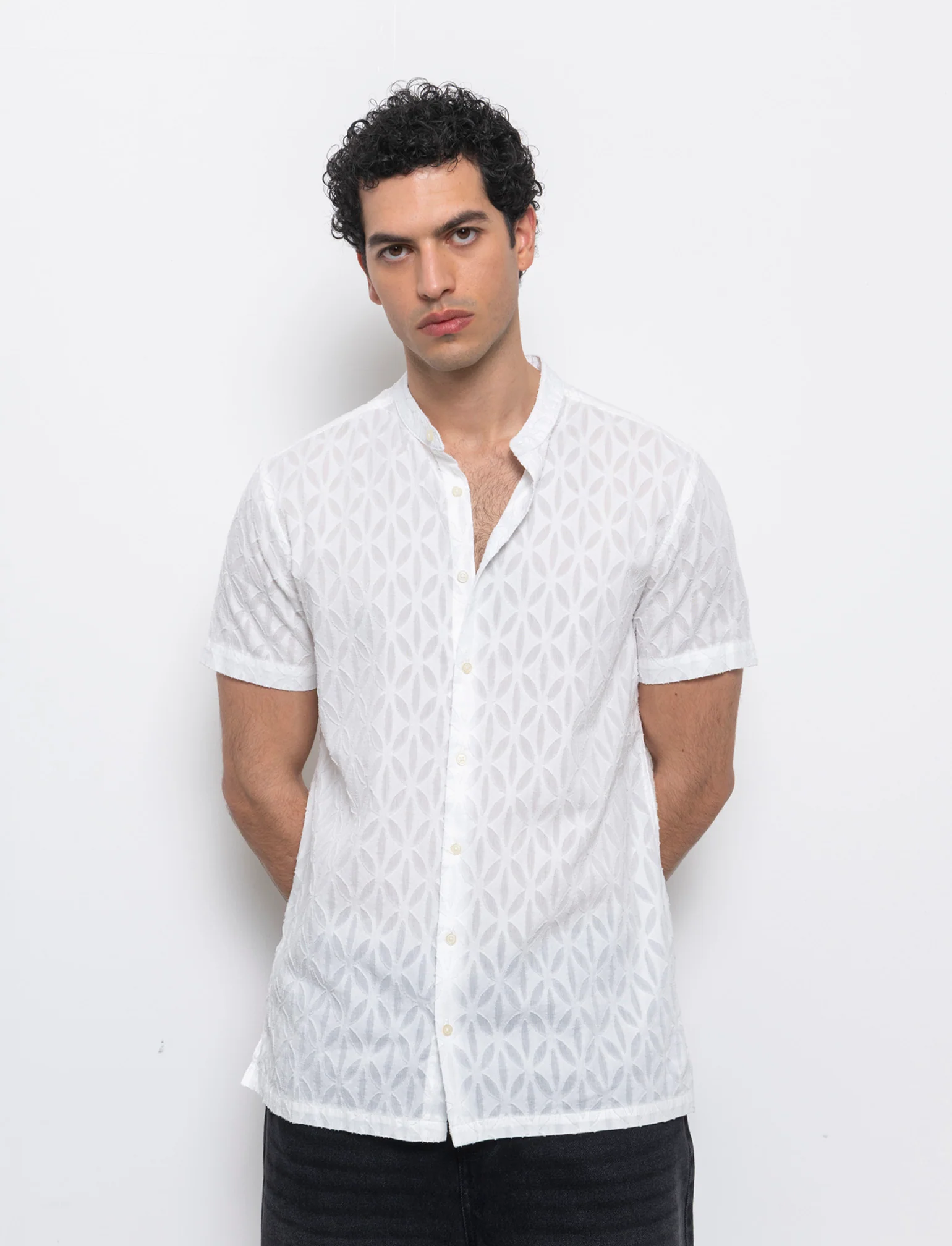 Camicia coreana fantasia jacquard da uomo - Bianco - Image 3