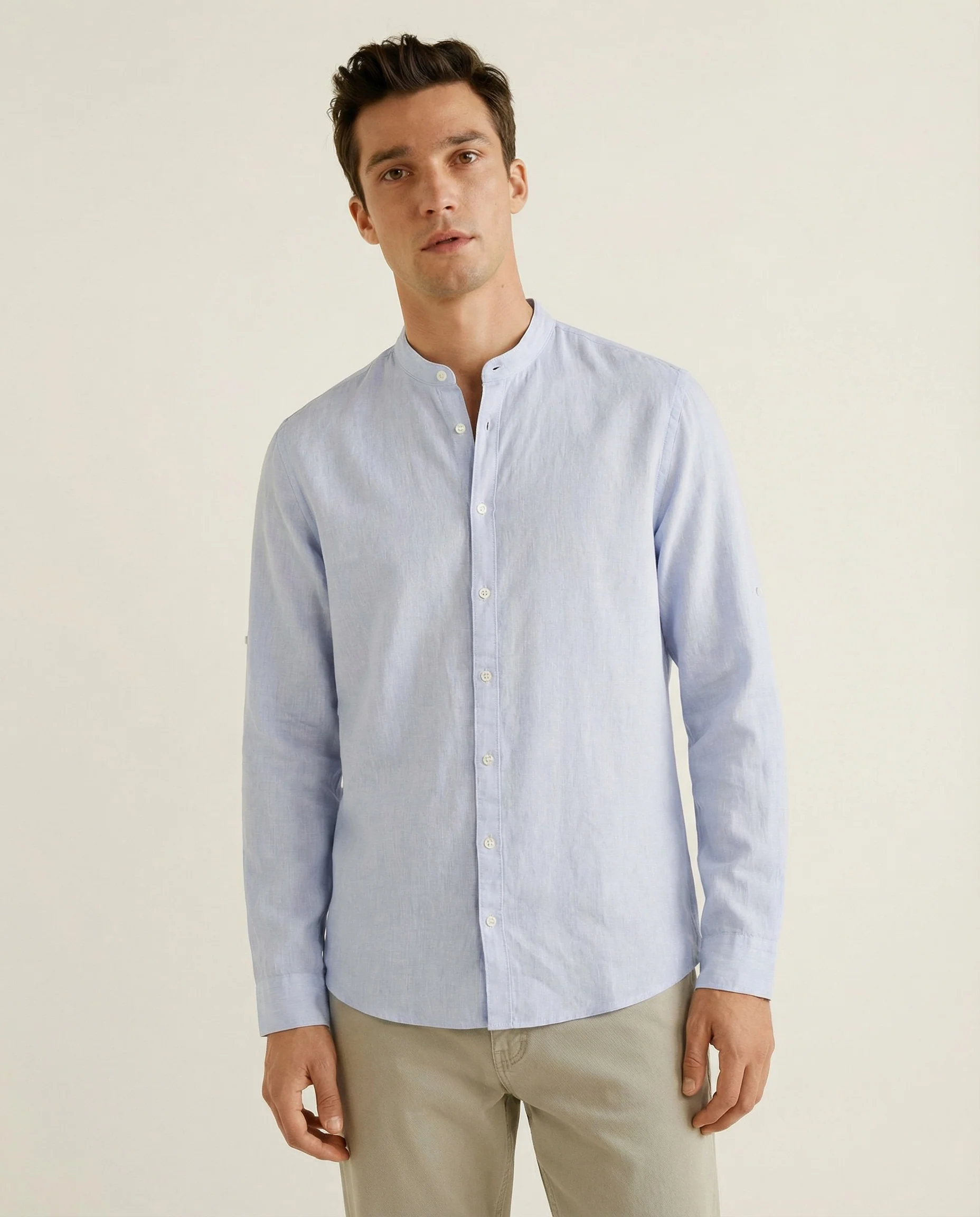Camicia coreana in puro lino leggero - Celeste polvere - Image 3