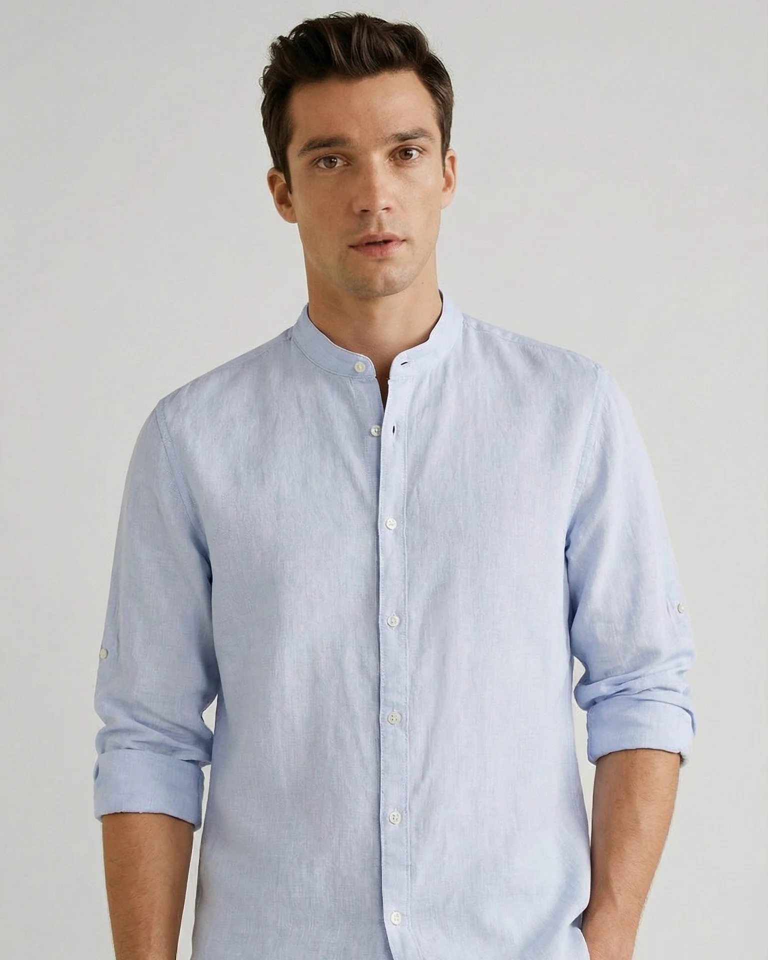 Camicia coreana in puro lino leggero - Celeste polvere - Image 4