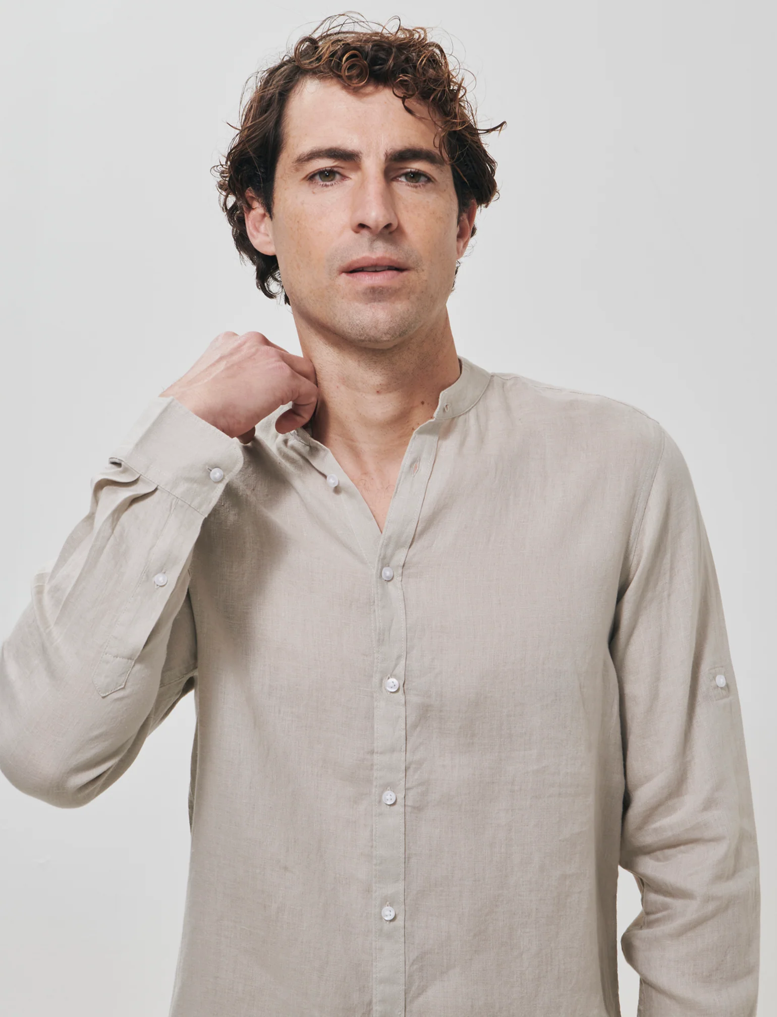 Camicia coreana in puro lino leggero - Sabbia - Image 2