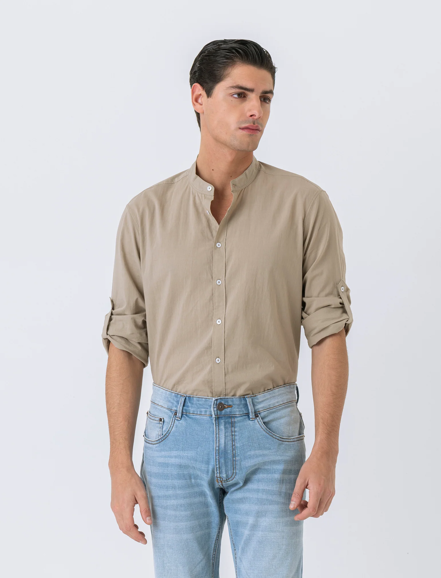 Camicia coreana in voile da uomo - Verde salvia