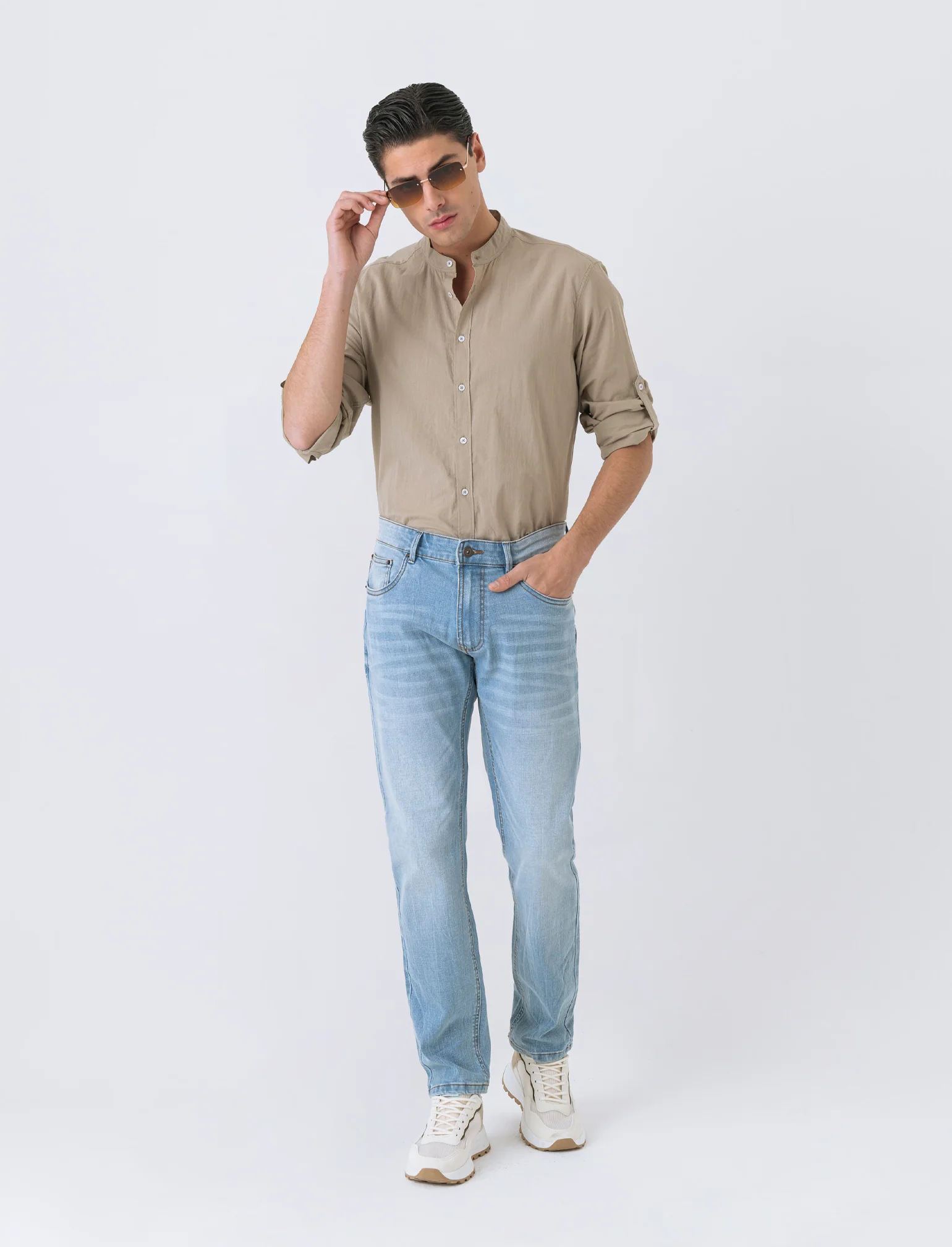 Camicia coreana in voile da uomo - Verde salvia - Image 3