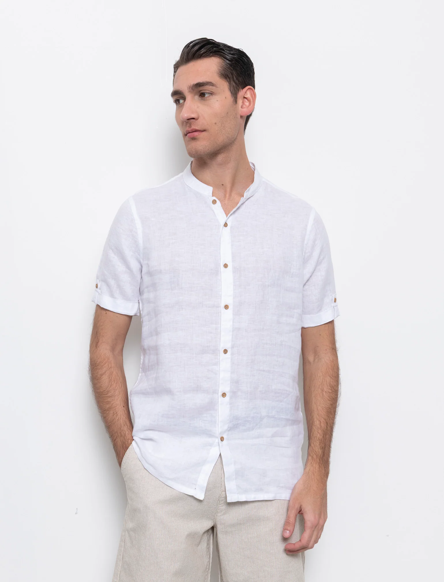 Camicia coreana manica corta 100% lino da uomo - Bianco - Image 3