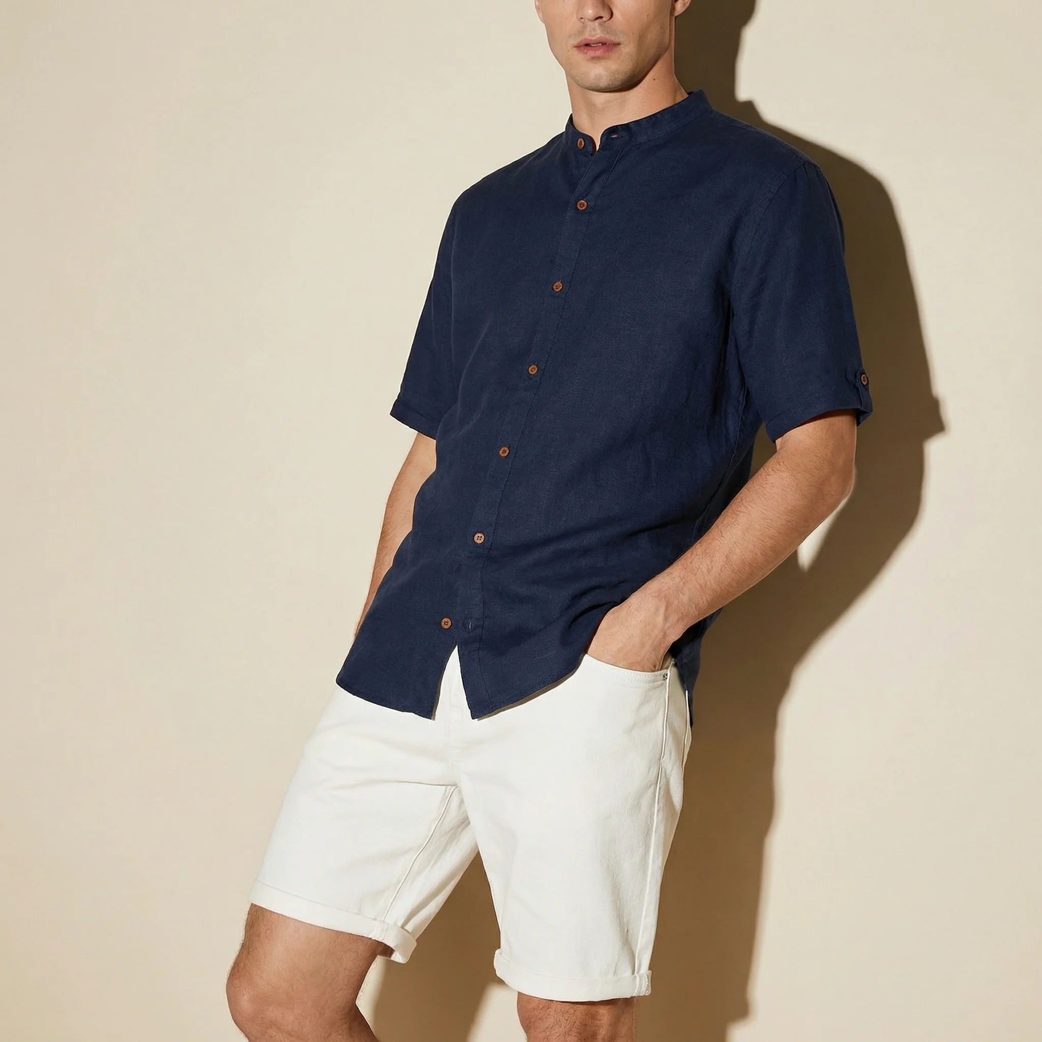 Camicia coreana manica corta in lino - Blu - Image 4