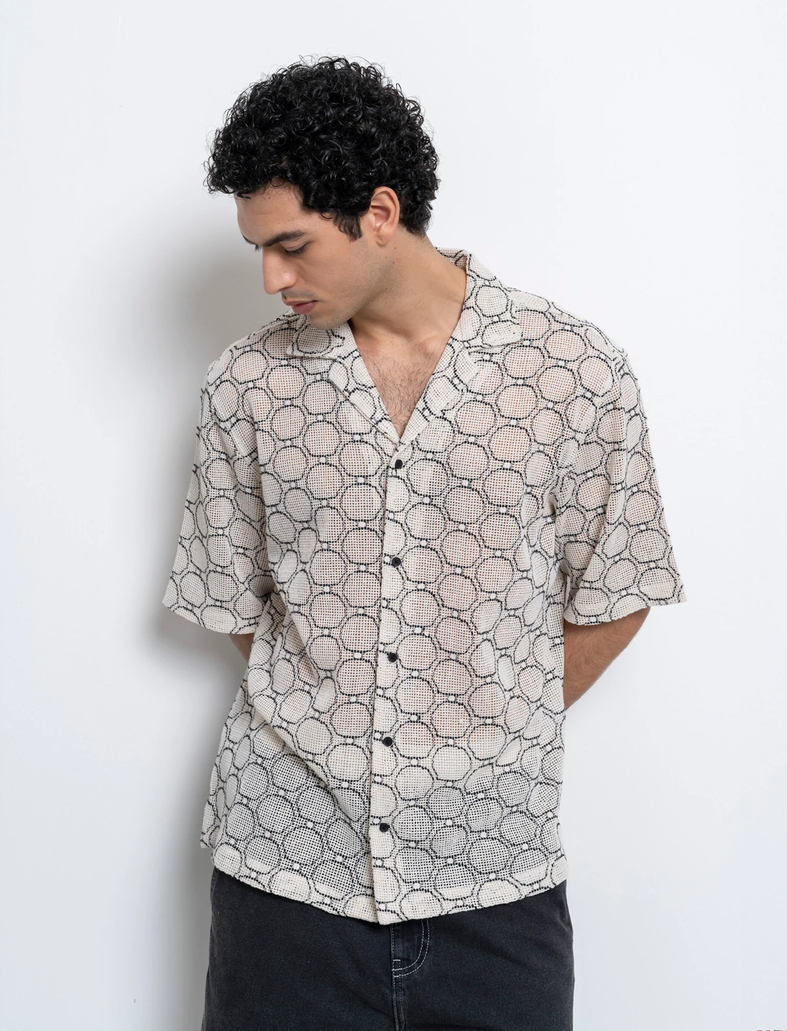 Camicia crochet fantasia astratta da uomo - Bianco - Image 3