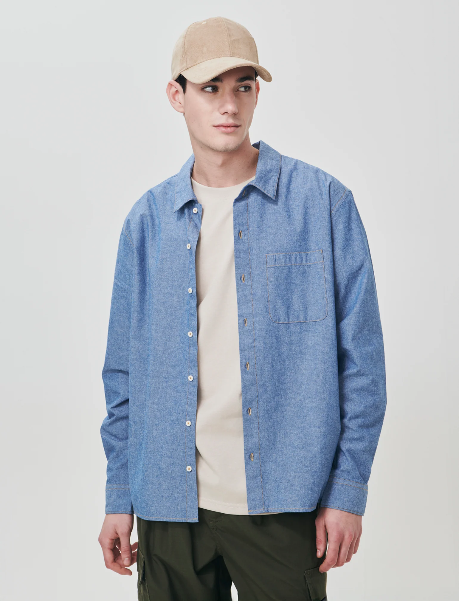 Camicia cropped in puro cotone melange - Azzurro - Image 3