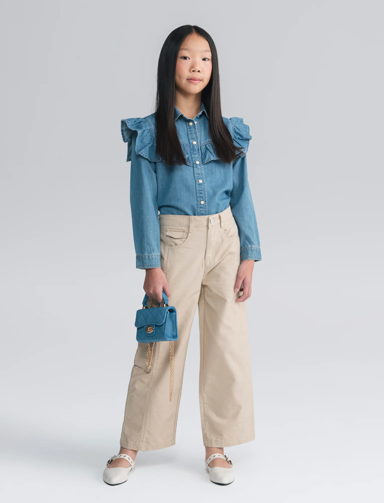 Camicia denim bambina con rouches stilose - Denim chiaro
