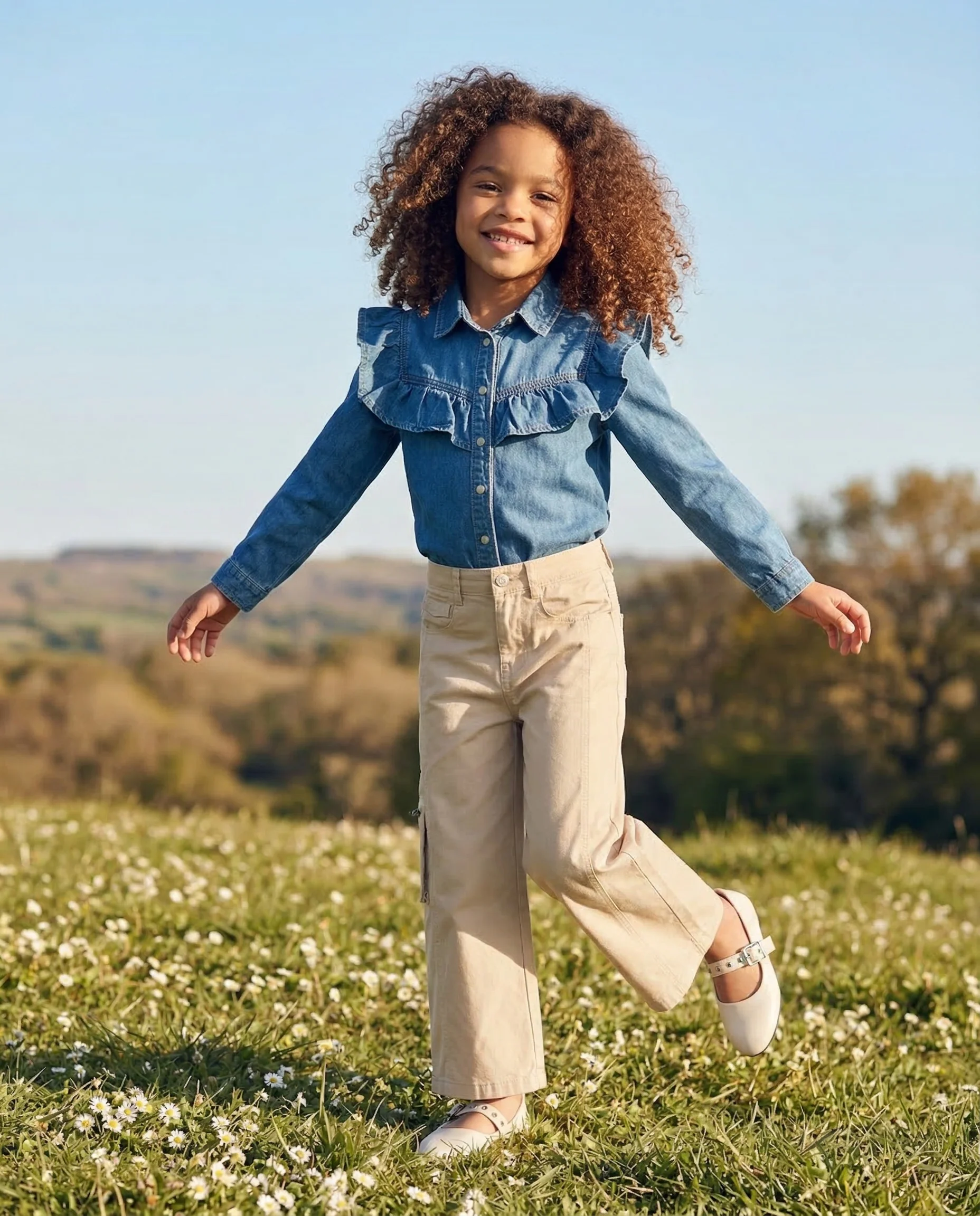 Camicia denim bambina con rouches stilose - Denim chiaro - Image 3