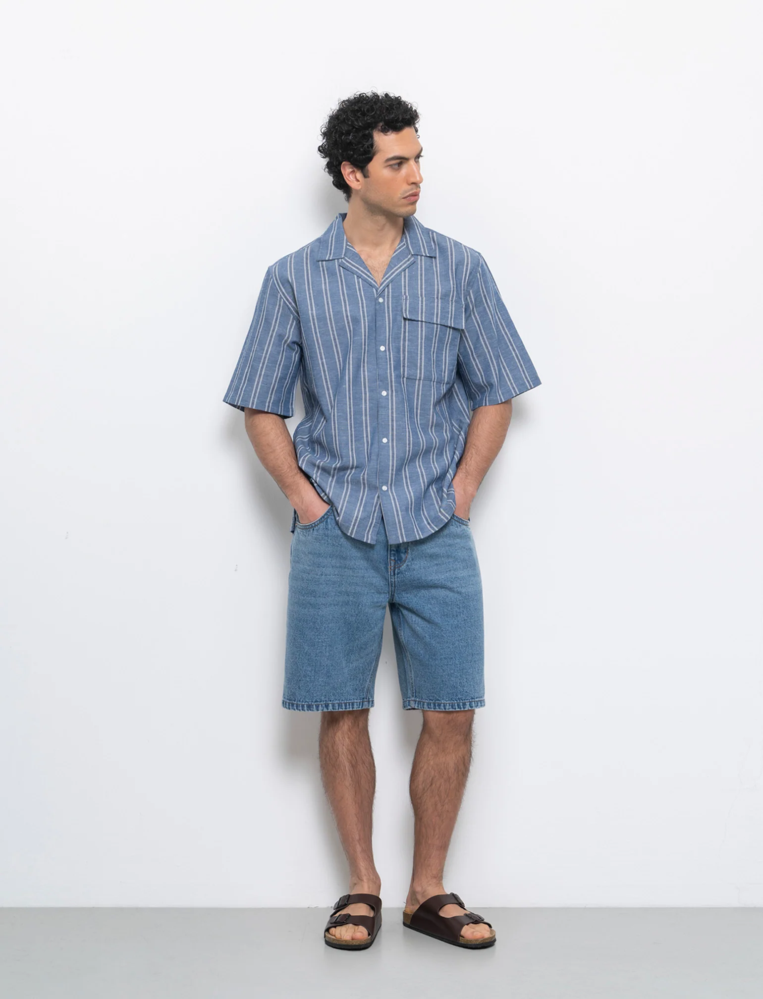 Camicia effetto denim a righe da uomo - Blu - Image 3