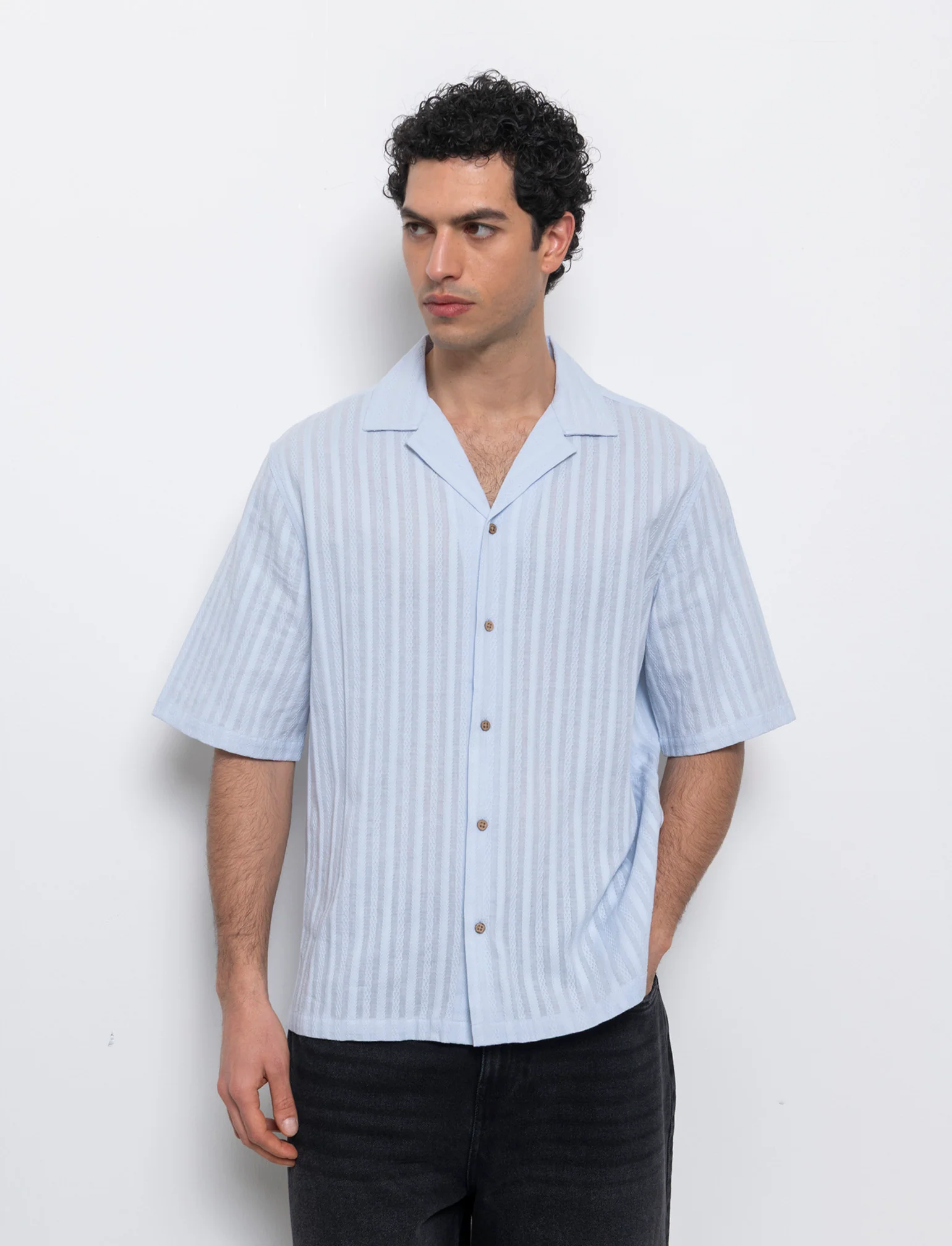 Camicia fantasia jacquard effetto ricamo da uomo - Celeste - Image 3