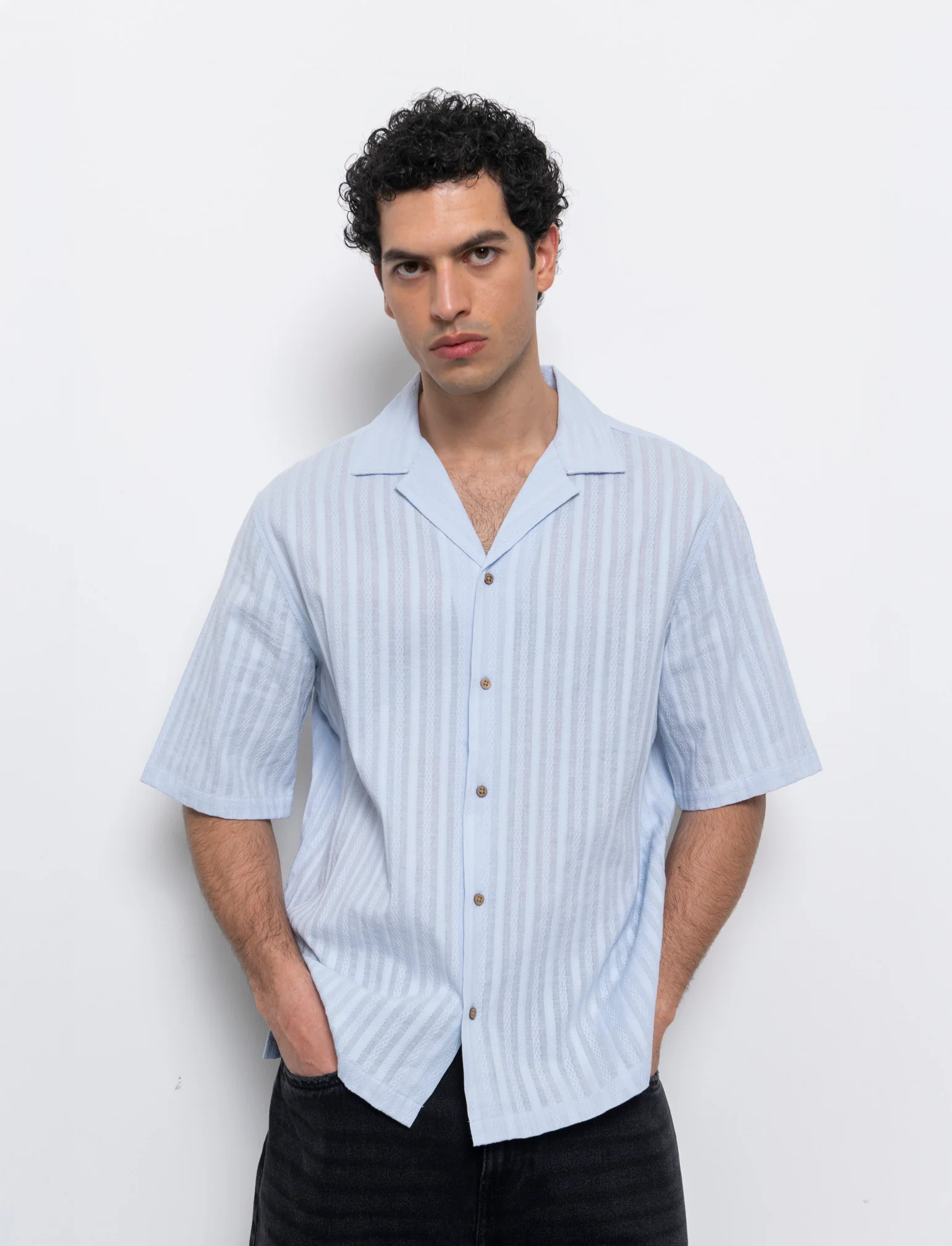 Camicia fantasia jacquard effetto ricamo da uomo - Celeste - Image 4