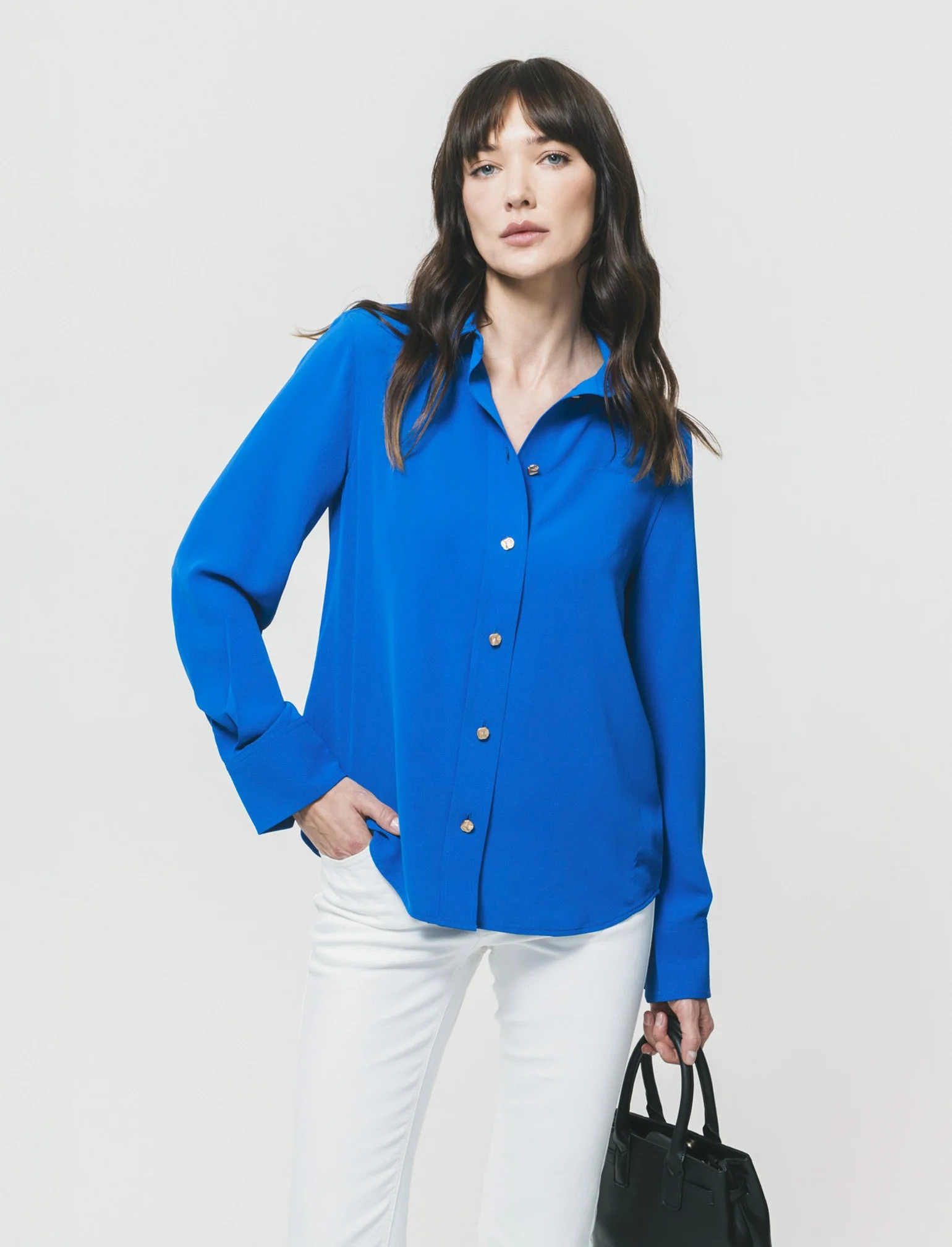 Camicia fluida manica lunga con bottoni dorati - Blu royal - Image 3