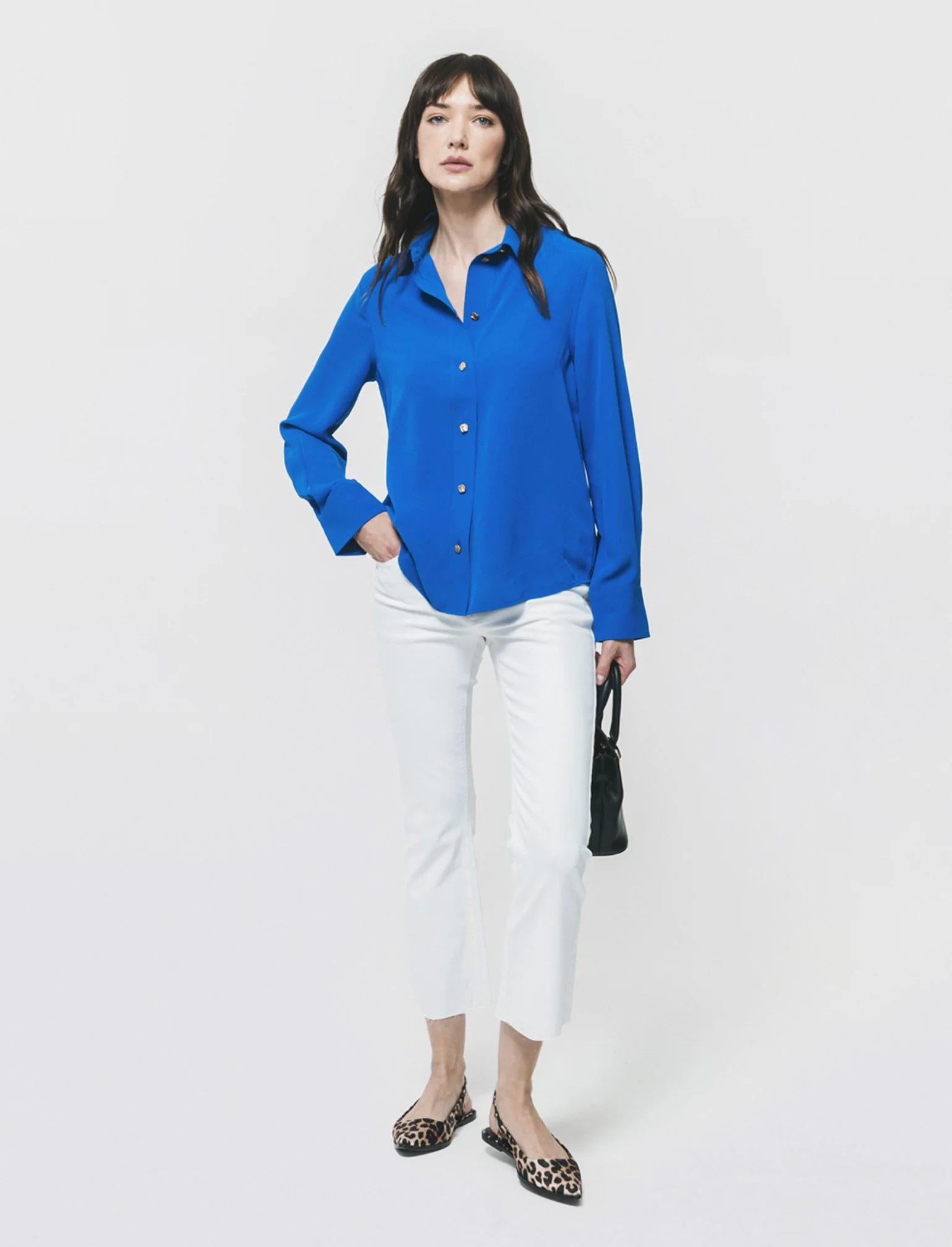 Camicia fluida manica lunga con bottoni dorati - Blu royal - Image 4